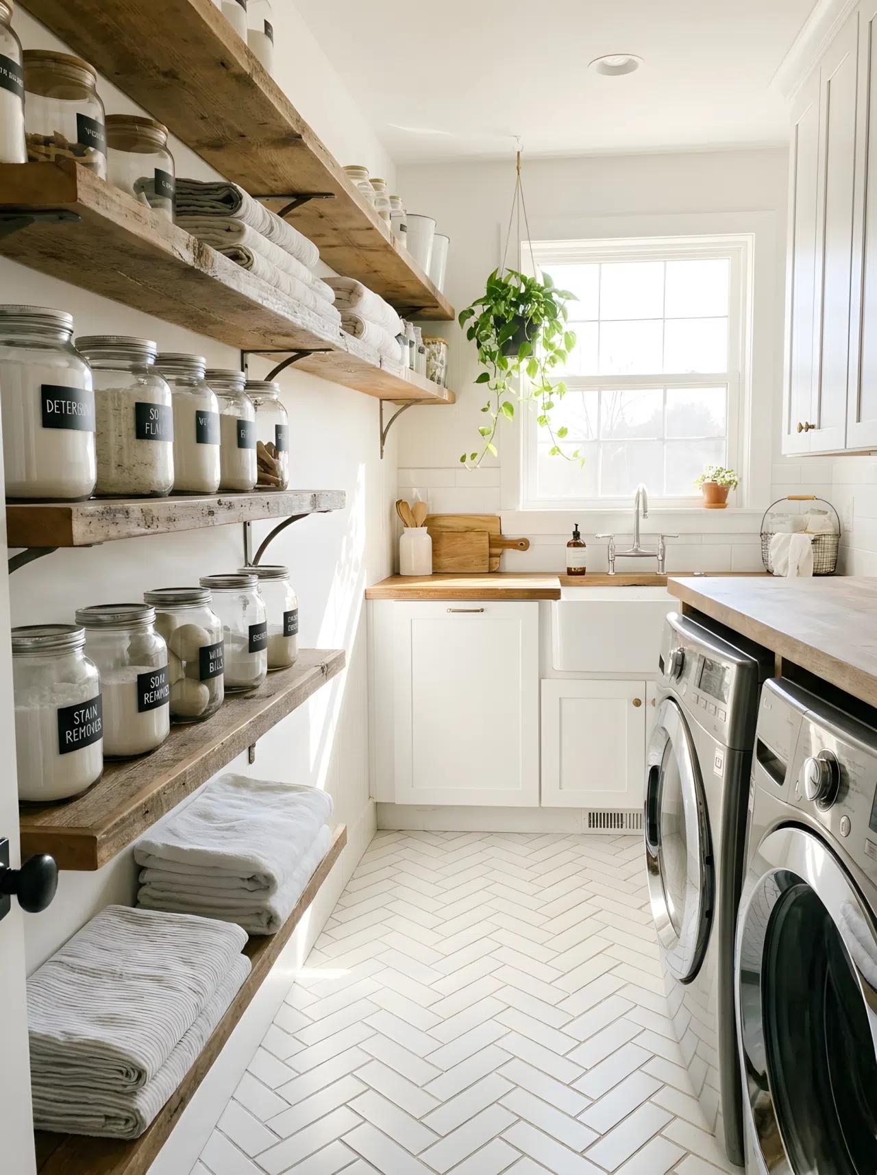 A laundry room with classic subway tile style flooring in white, open wooden shelving with neatly arranged glass jars of laundry supplies, bright natural light, clean and beautifully organized, real-life photography.