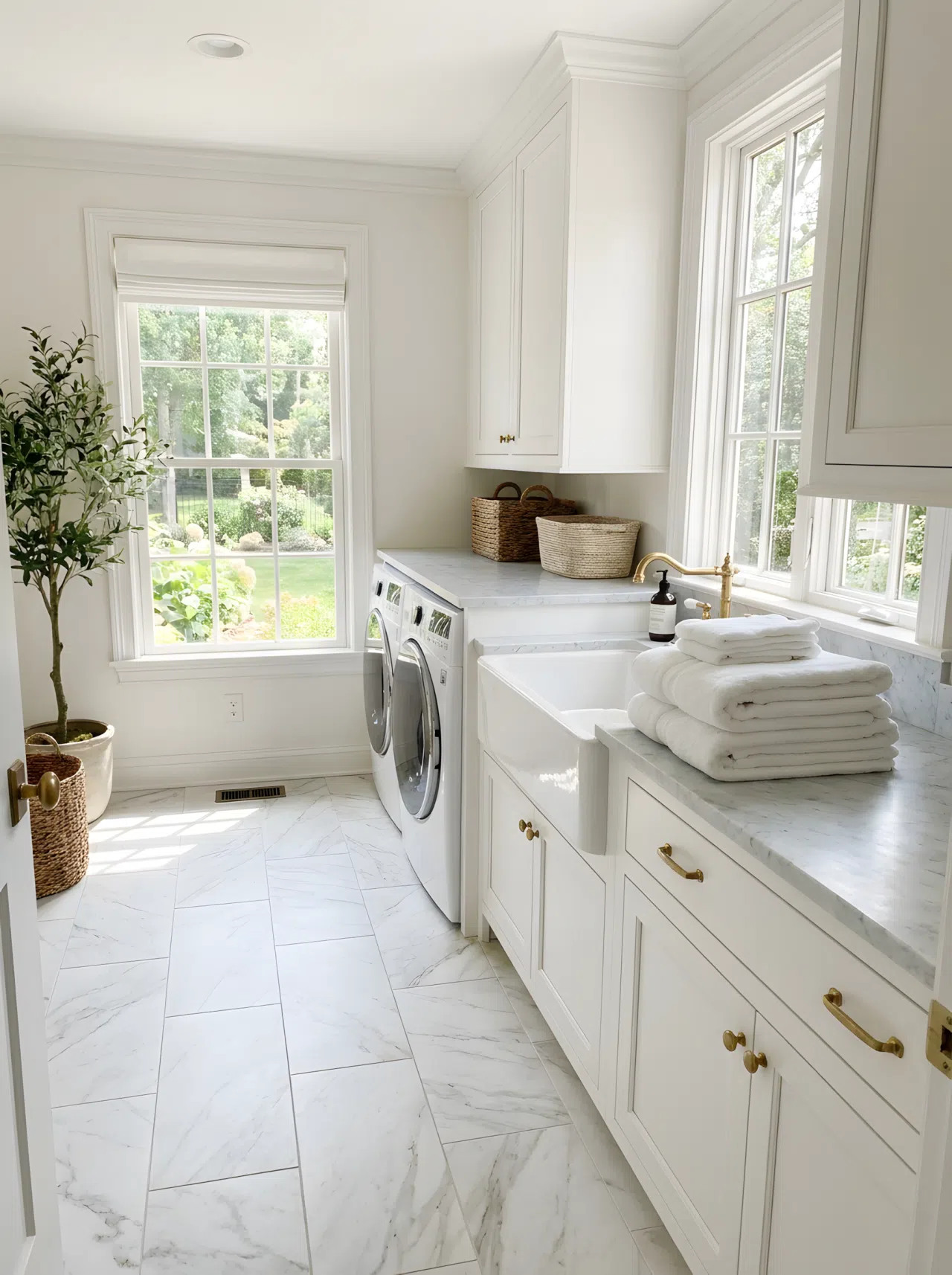 A bright laundry room with marble look porcelain tile flooring, a neatly folded stack of white towels on a countertop, bright natural light, clean and elegant, real-life photography style.
