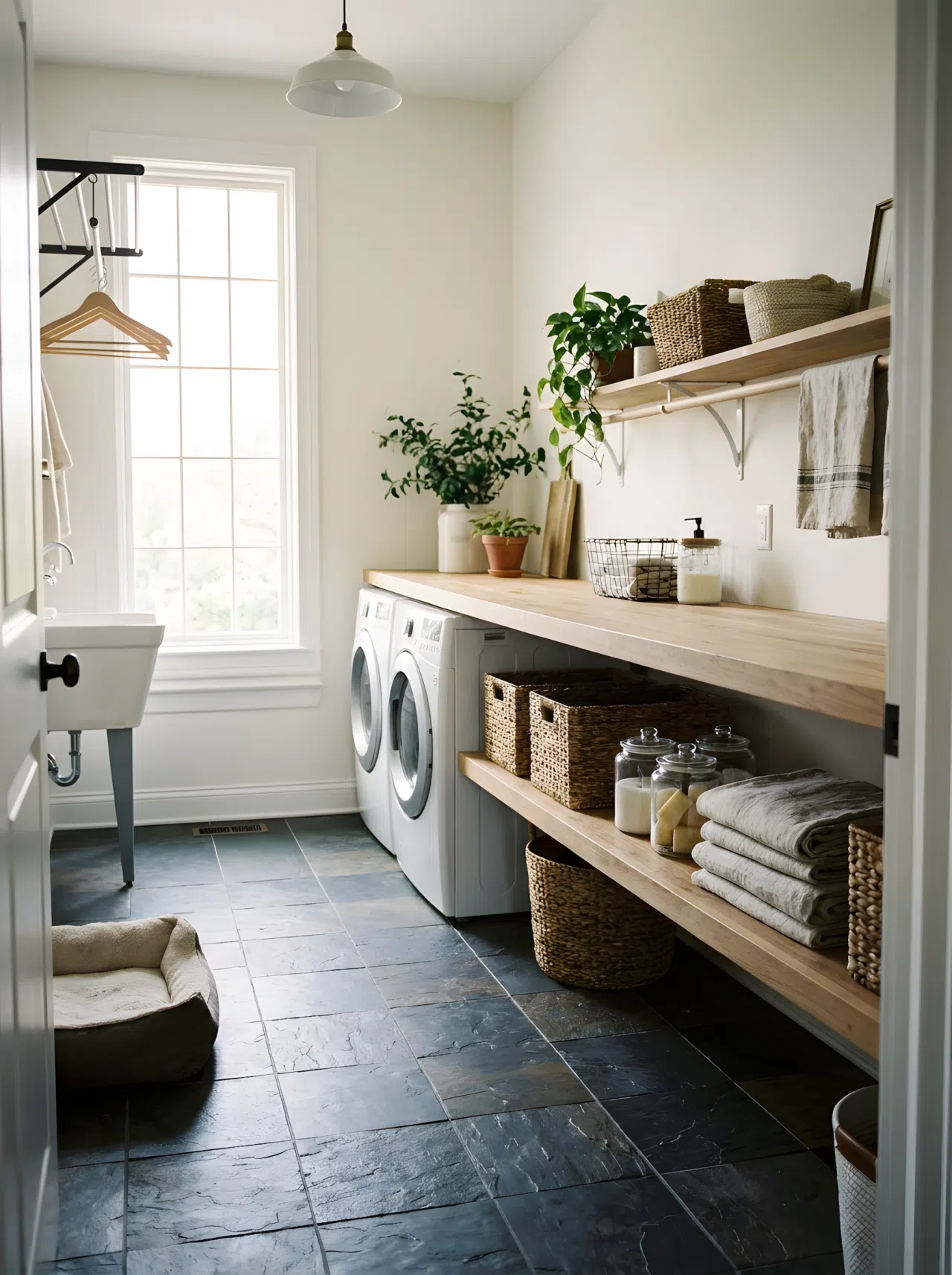 A laundry room with textured slate look tile flooring in charcoal tones, a neatly arranged shelf with baskets, bright natural light, clean and organized, real-life photography, no 3D render.