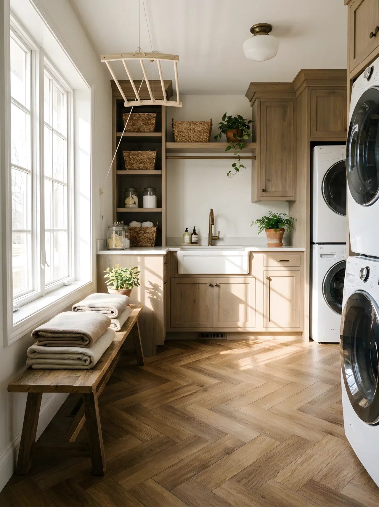 A laundry room with a herringbone pattern wood look floor, a small bench with neatly folded blankets, bright natural light, organized and beautifully arranged, real-life photography style.