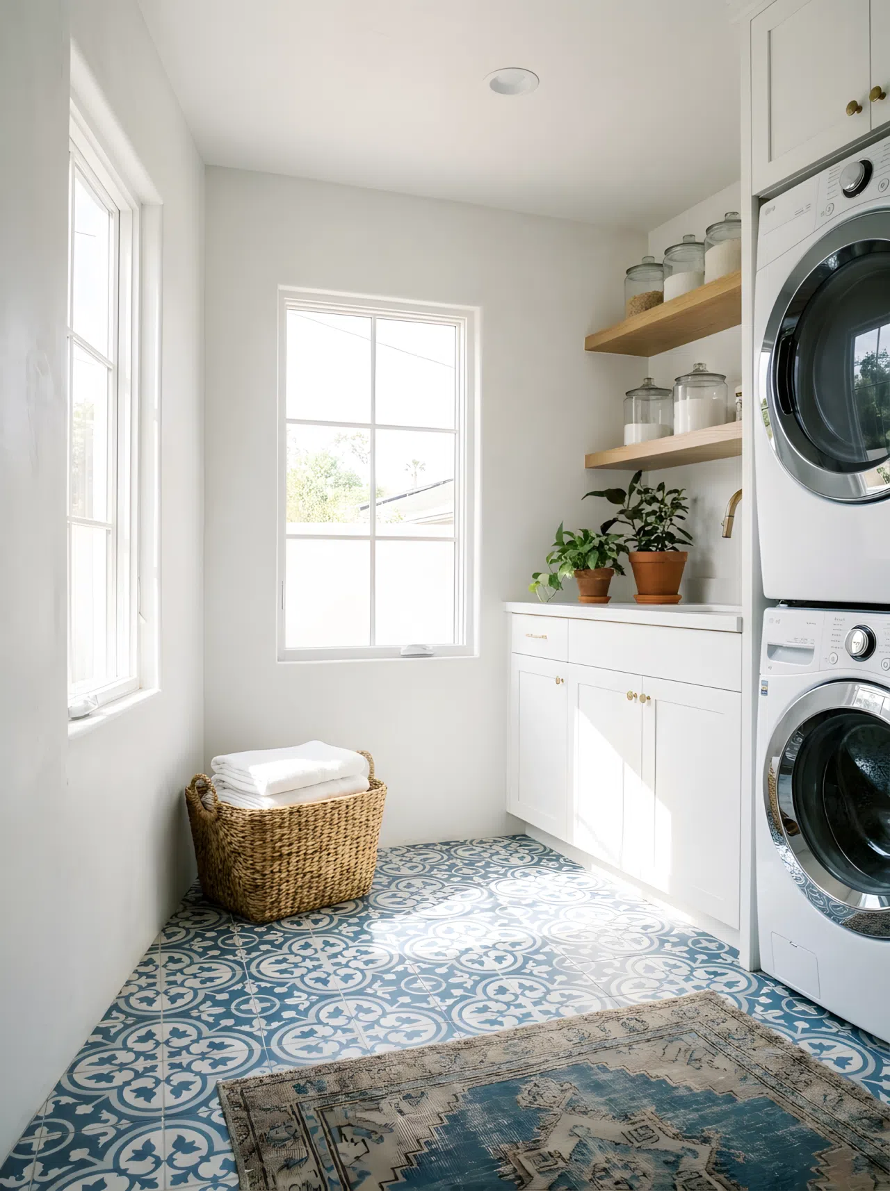 A laundry room with bold Moroccan style patterned floor tiles in blue and white, minimal white walls, a neatly folded basket of laundry, bright natural light, clean and organized, real-life photography.