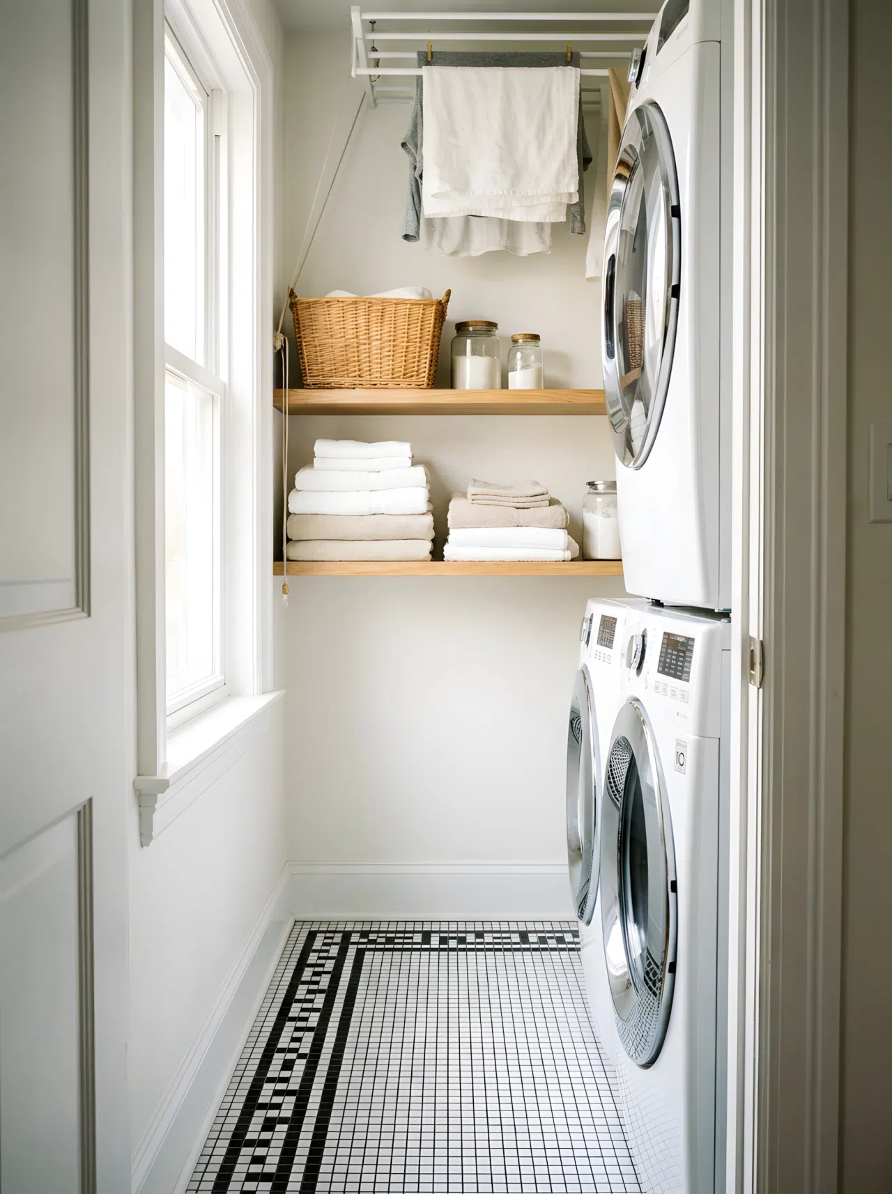 A narrow laundry closet with black and white mosaic tile flooring, a small shelf with neatly stacked towels, bright natural light, clean and tidy, real-life photography style.