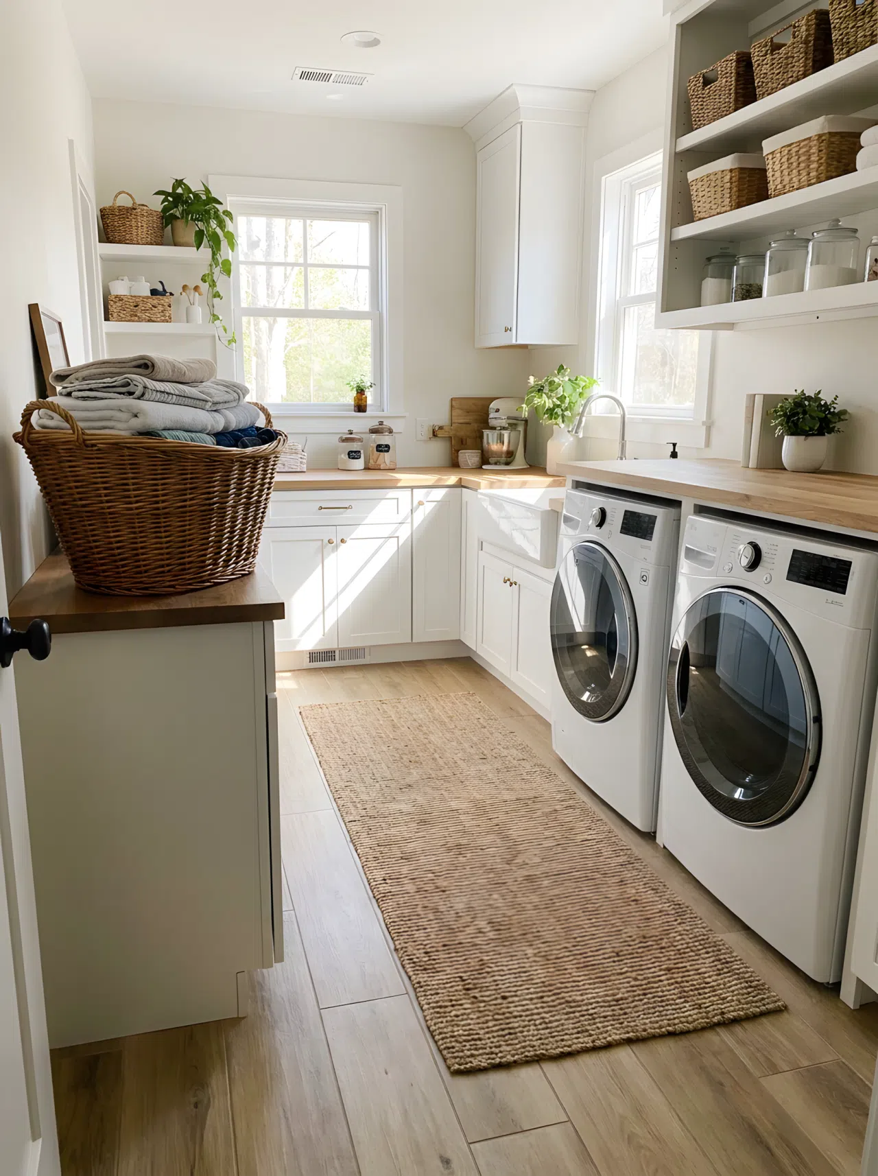 A laundry room with wood look ceramic tile flooring, a cozy rug nearby, neatly folded clothes in a basket, bright natural light, organized and clean, real-life photography.