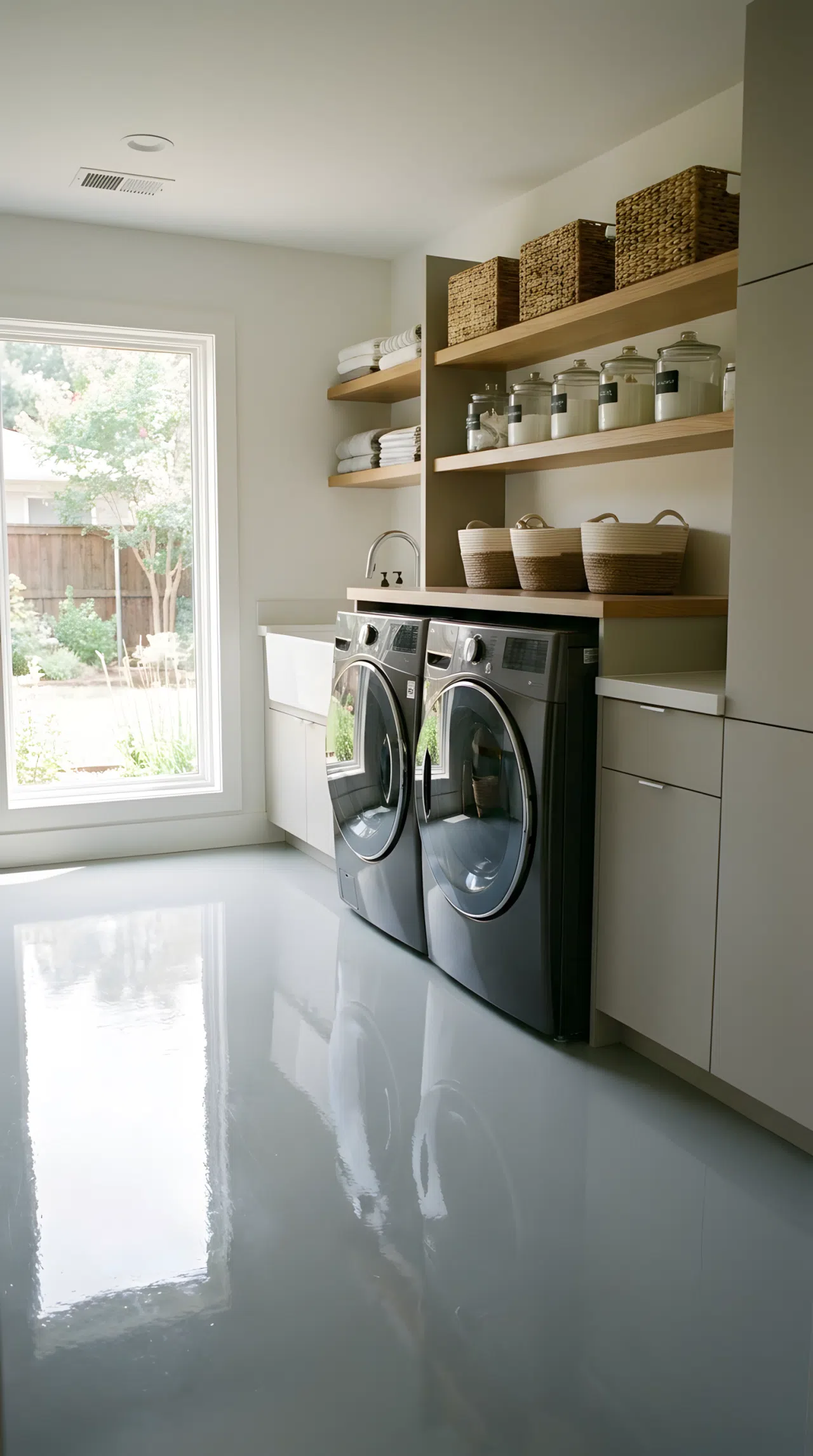A modern laundry room with glossy epoxy coated flooring in light gray, a washer and dryer with neatly arranged supplies on open shelving, bright natural light, clean and organized, real-life photography style.