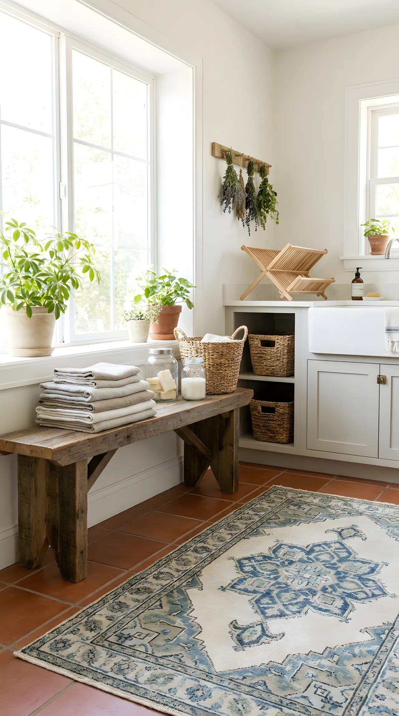A laundry room with a soft patterned area rug layered over tile flooring, a stack of neatly folded towels on a bench, bright natural light, beautifully arranged, real-life photography.