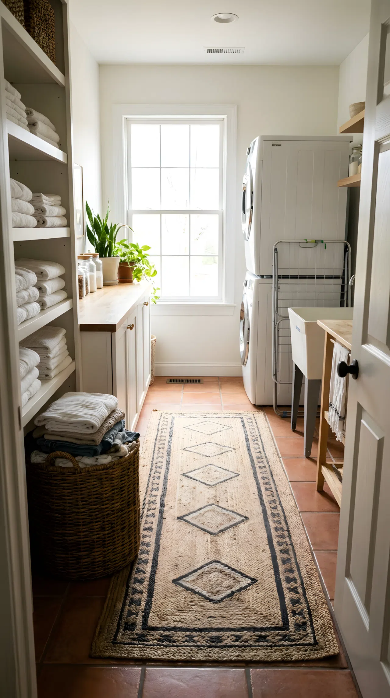 A long narrow laundry room with a slim runner rug over tile flooring, neatly folded laundry in a basket, bright natural light, clean and organized, real-life photography style.