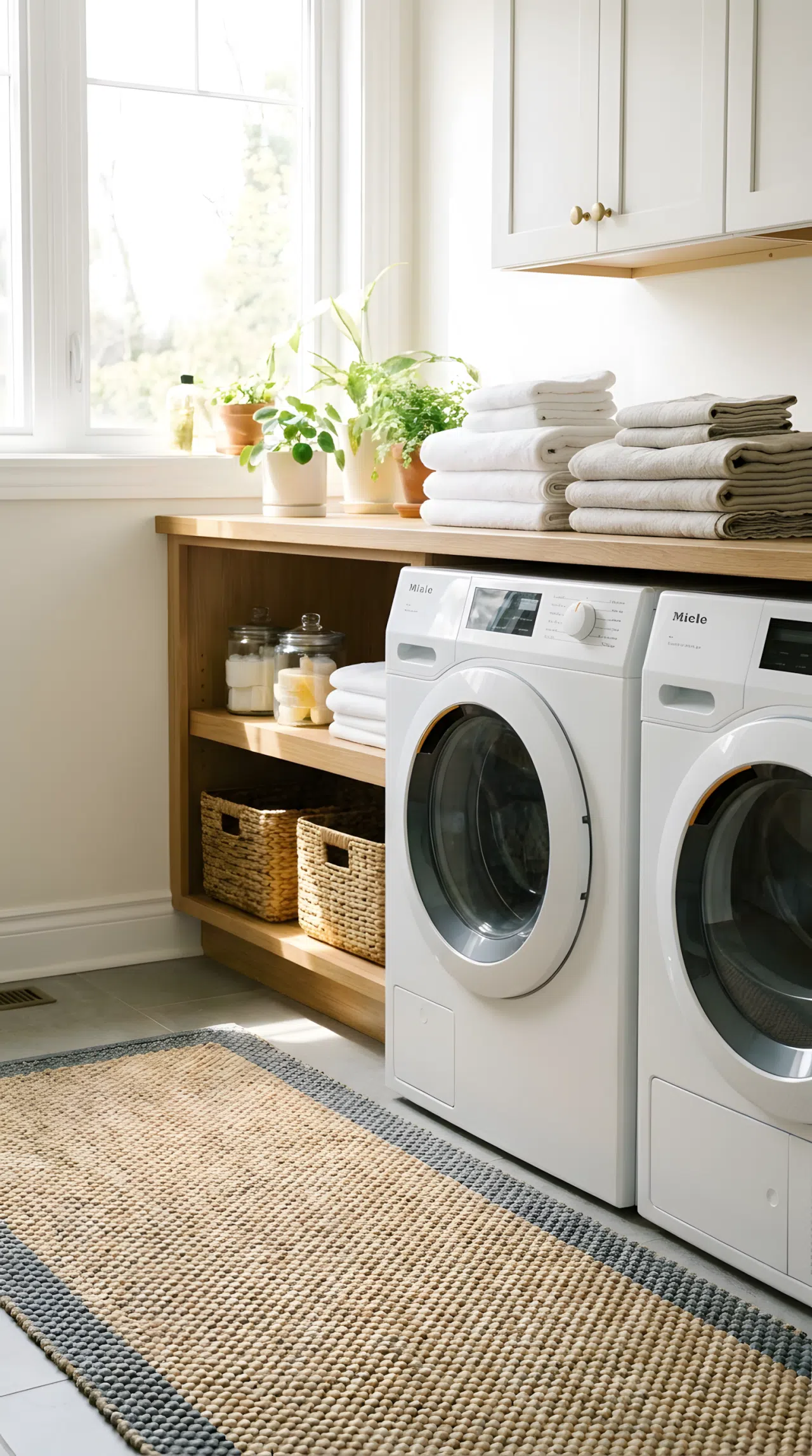 A laundry room with a textured non-slip mat placed in front of the washer and dryer, neatly folded towels stacked nearby, bright natural light, clean and organized, real-life photography.