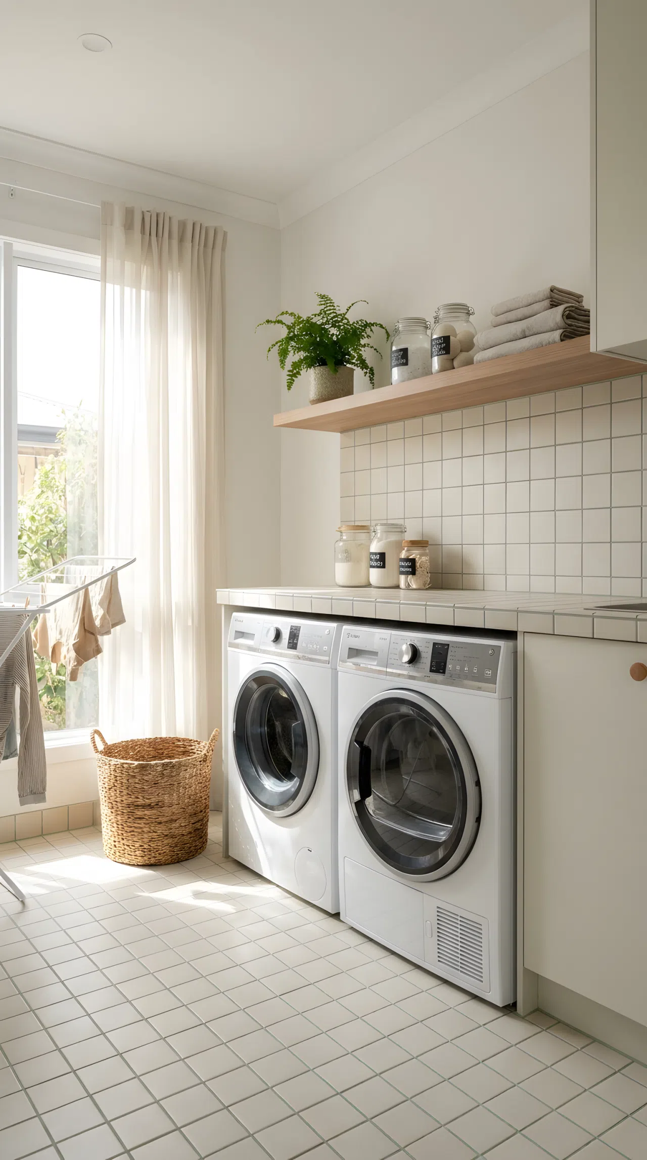 A laundry room with simple square tiles and soft colored grout accents, a small shelf with neatly arranged laundry essentials, bright natural light, clean and beautifully organized, real-life photography style.