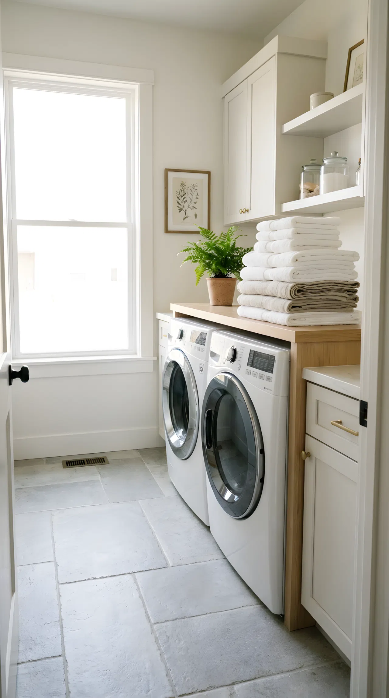 A small laundry room with large format light gray tile flooring, minimal decor, a neatly folded stack of linens, bright natural light, clean and organized, real-life photography.