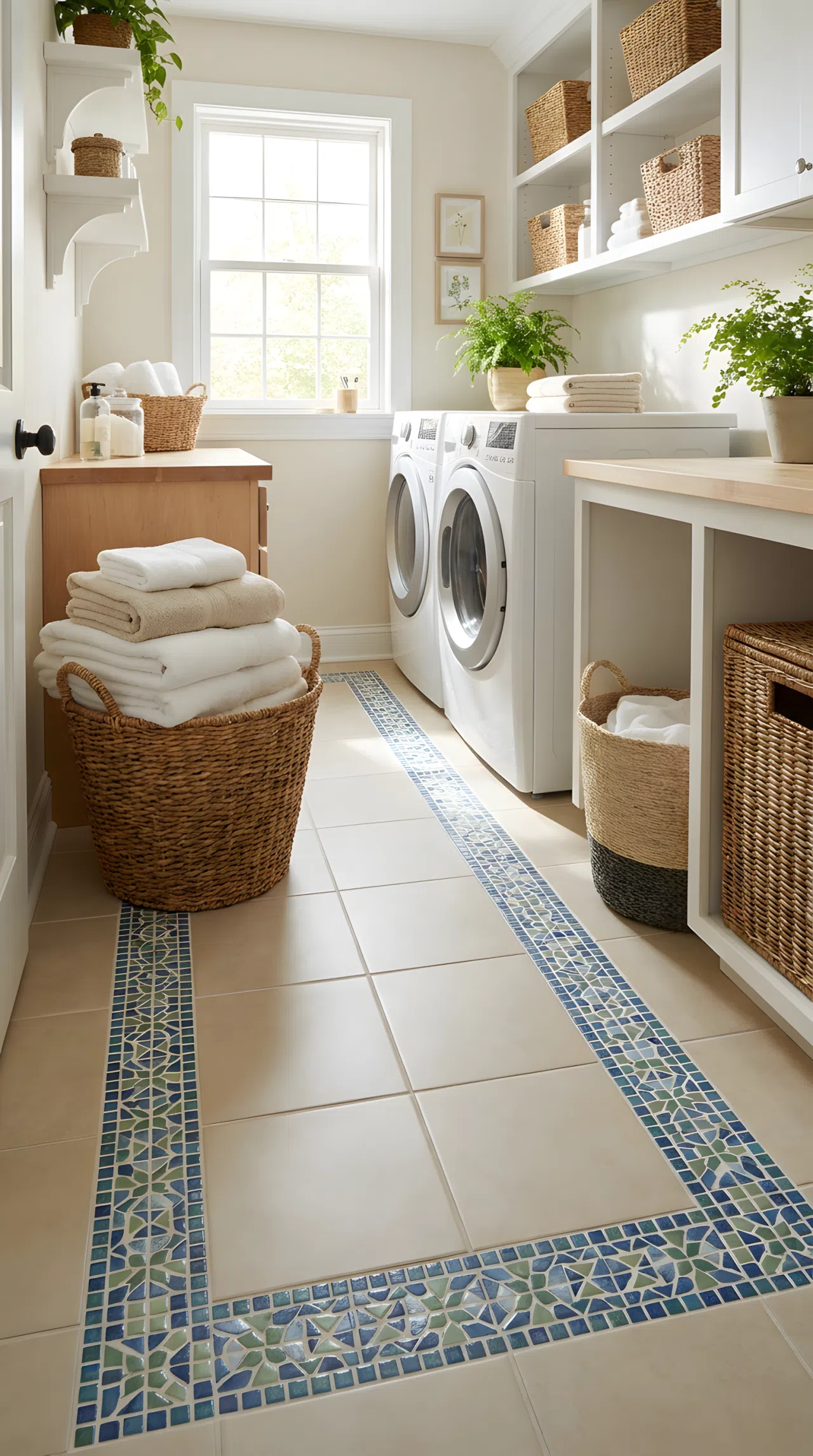 A laundry room with plain tile flooring and a decorative mosaic border trim along the edges, neatly folded towels in a basket, bright natural light, clean and organized, real-life photography style.