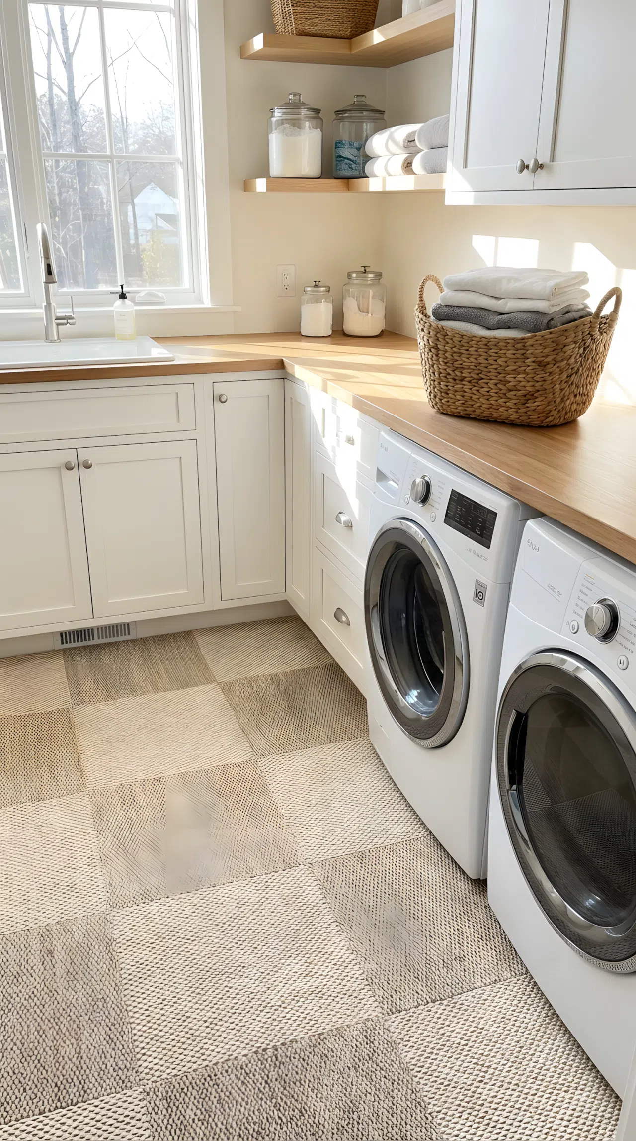 A laundry room with soft textured water resistant carpet tiles in a neutral tone, a small basket of neatly folded clothes, bright natural light, clean and organized, real-life photography.