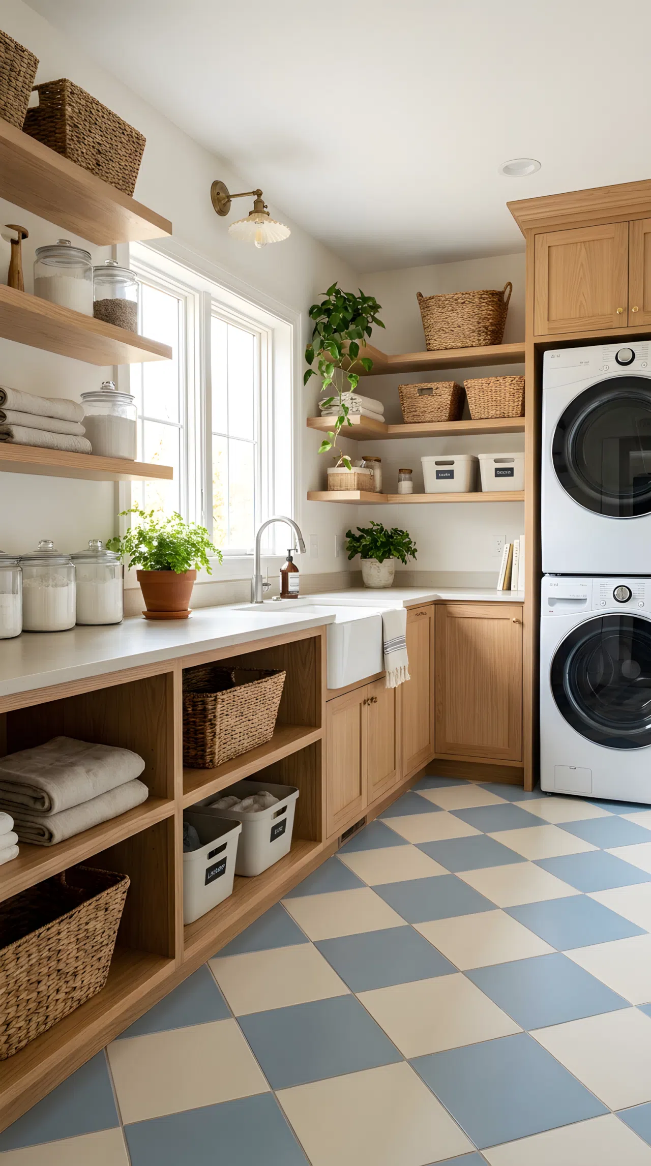 A laundry room with a two tone tile floor in soft blue and white grid pattern, open shelving with neatly arranged supplies, bright natural light, clean and beautifully organized, real-life photography style.