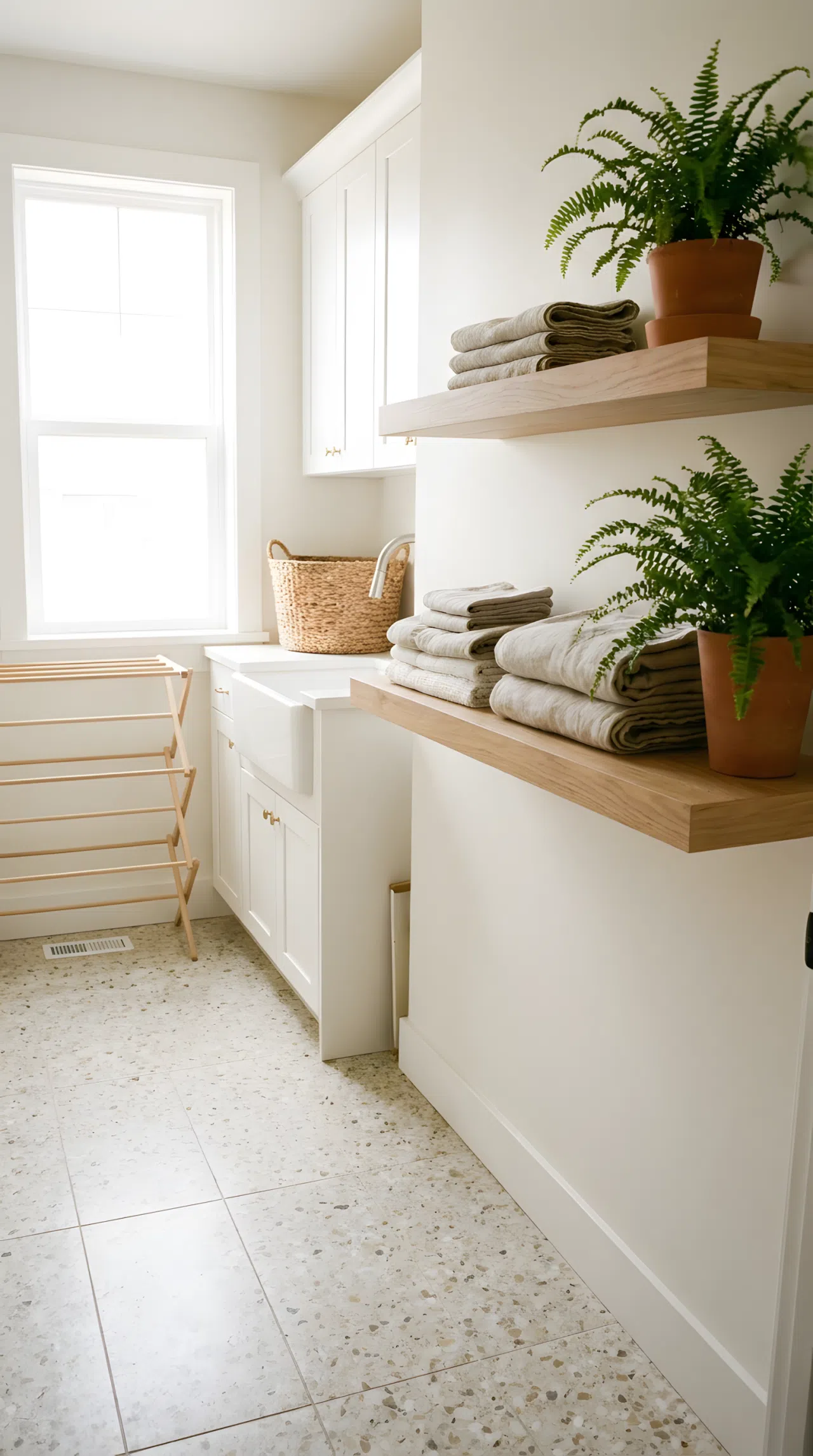 A laundry room with neutral terrazzo style flooring, a small wooden shelf with neatly folded towels and a potted plant, bright natural light, clean and organized, real-life photography, Pinterest-ready aesthetic.