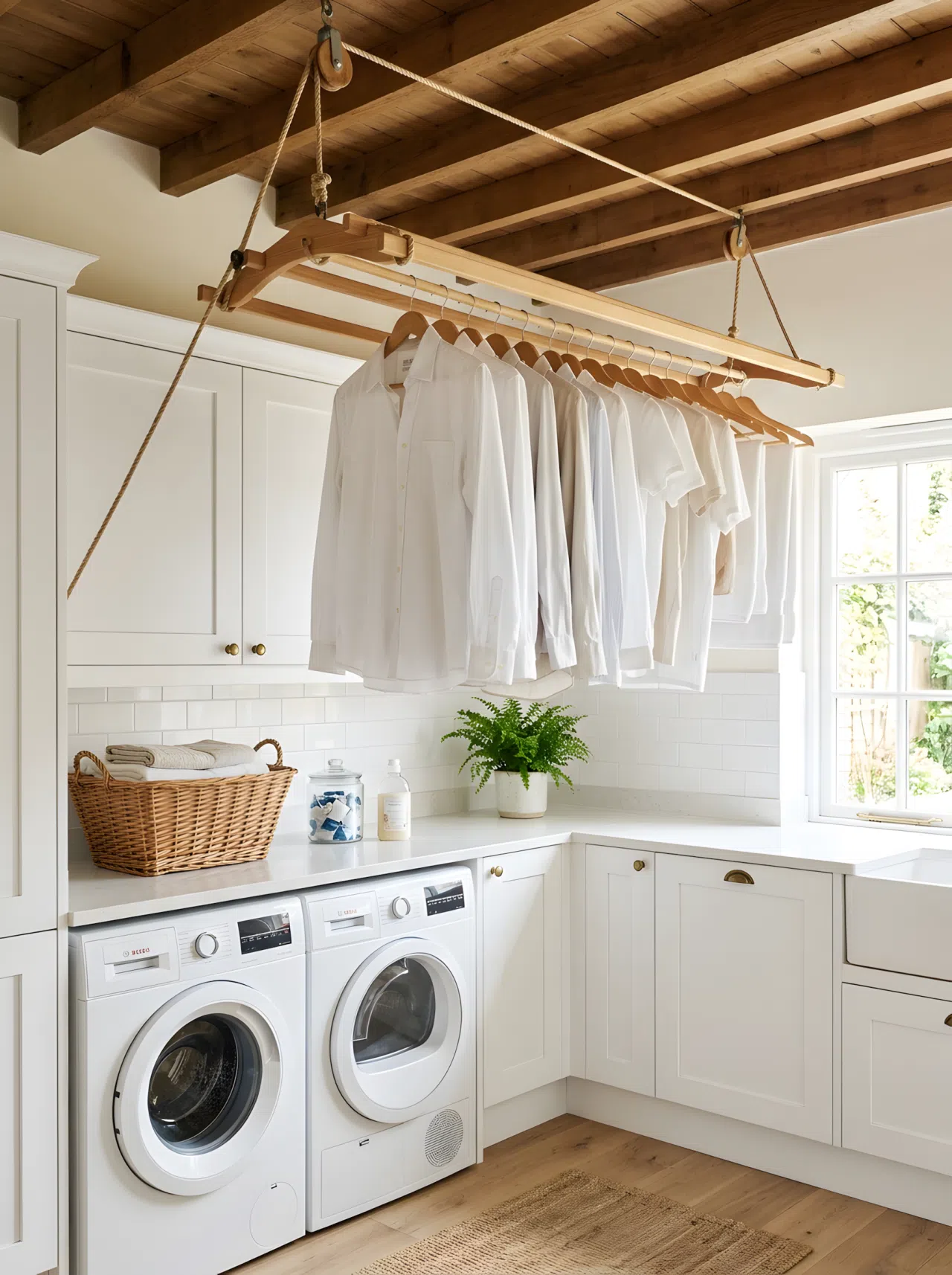 A traditional pulley-operated wooden drying rack suspended from the ceiling in a bright laundry room, holding neatly hung cotton shirts. Below are organized white cabinets and a washing machine. Clean, beautifully arranged, bright natural light.