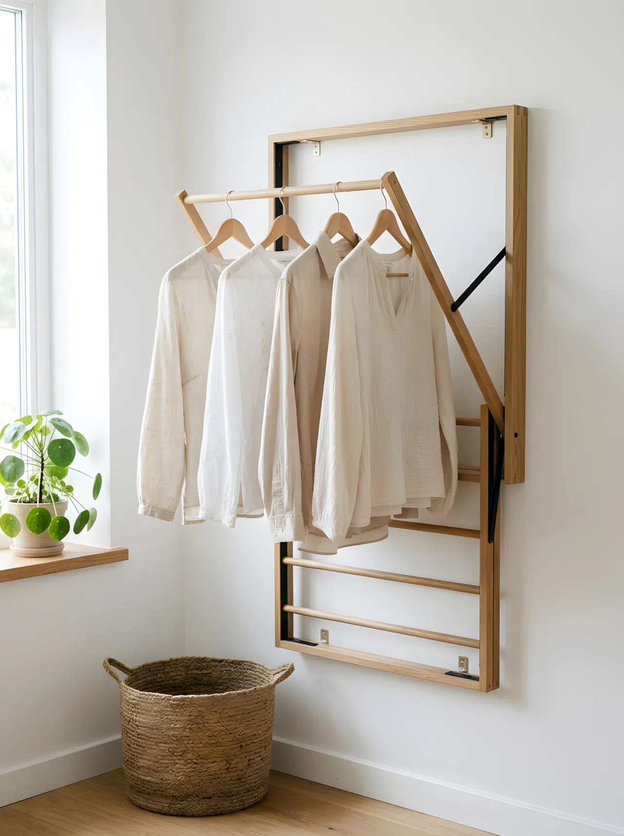 A minimalist wood and metal folding drying rack mounted on a clean white wall, with a few beautifully arranged light-colored blouses air-drying. The rack is partially folded for efficiency. Organized, bright natural light.