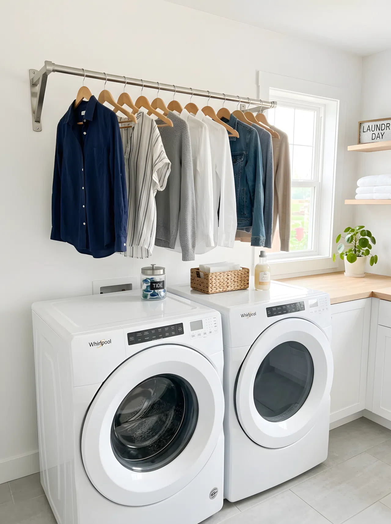 A functional metal hanging rod installed directly above front-load washer and dryer units. A selection of neatly made matching wooden hangers hold sorted clean clothes. The space is organized, clean, and bathed in bright natural light from a side window.