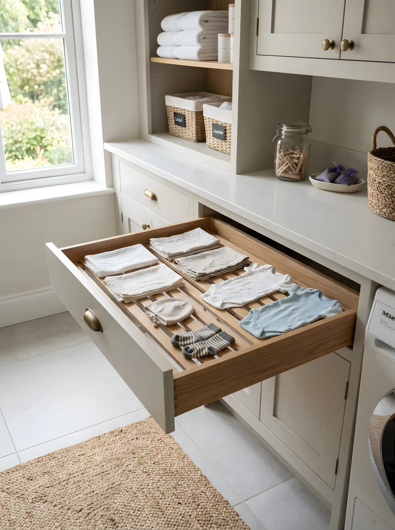 A customized cabinet unit with a discrete, pull-out drying drawer revealed. Small, neatly made linen napkins and baby clothes are carefully arranged inside the horizontal drying slats. The surrounding cabinetry is organized, clean, with bright natural light.