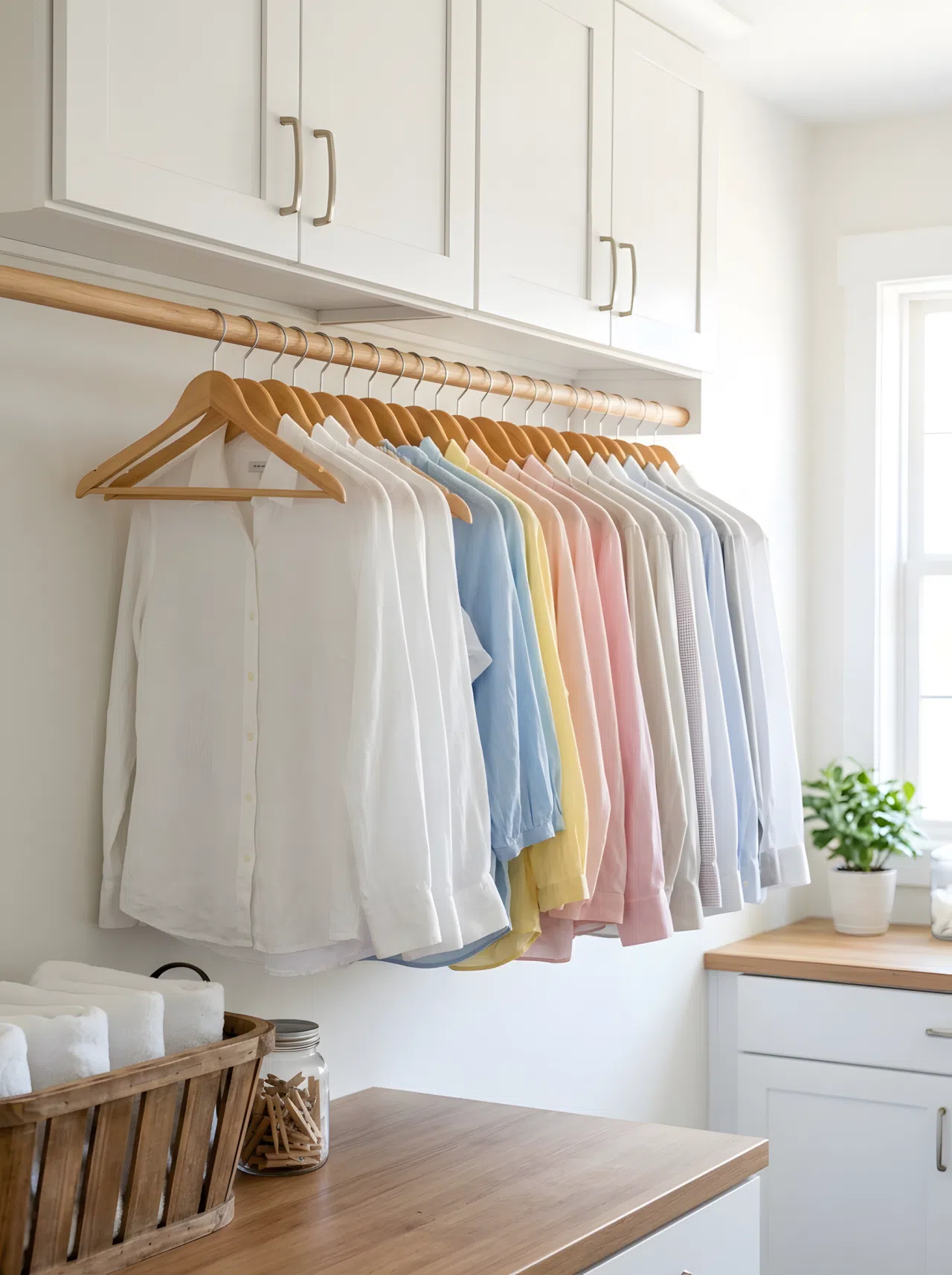 A clean wooden rod mounted high under white upper cabinets, featuring a beautiful arrangement of uniform, high-quality wooden hangers holding sorted freshly washed clothes. Organized space, clean lines, bright natural light.