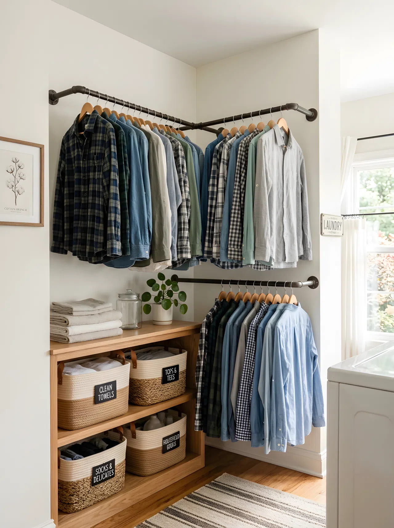 A corner of a brightly lit laundry room with two intersecting metal rods mounted on adjacent walls, holding neatly made casual shirts. Below, organized shelves have woven baskets. Beautifully arranged, clean, bright natural light.