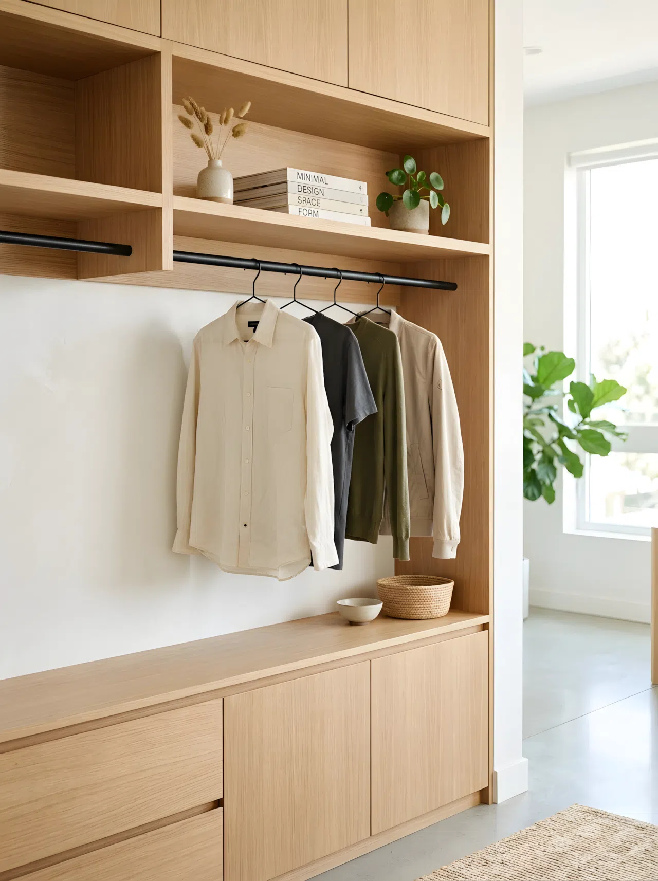 Sleek, floating minimalist rods integrated into the cabinetry design. One modern rod holds a few items on slim metal hangers. The surrounding area is organized, clean, and minimalist with bright natural light.