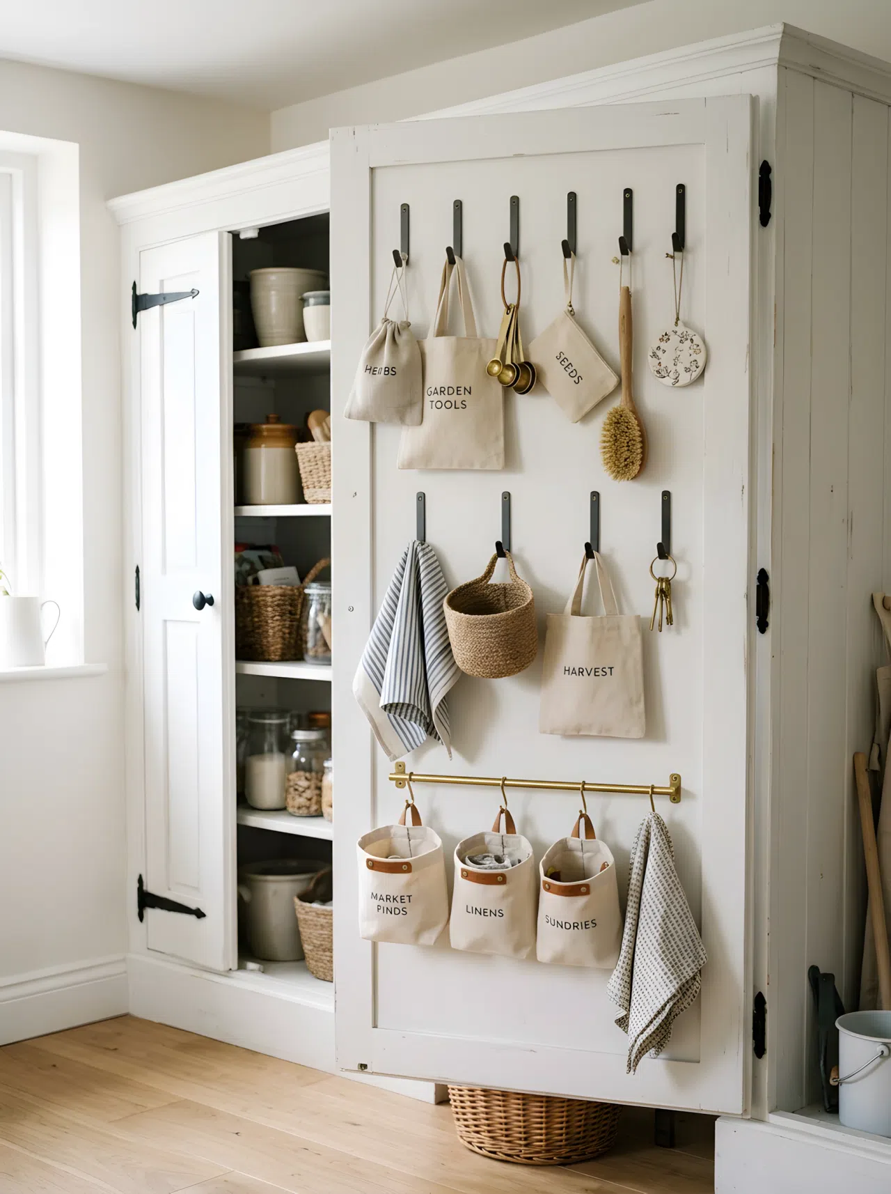 A white wooden cabinet door is open, revealing multiple sleek vertical hooks and a small horizontal rod on the inside, beautifully arranged with organized canvas bags and delicate items. Neat, clean, bright natural light.