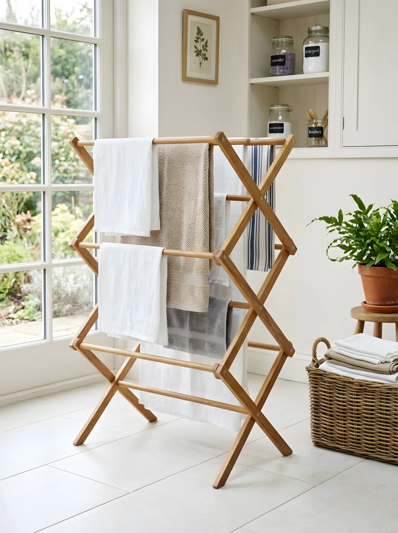 A classic, beautifully made wooden freestanding clothes horse drying rack set up on a clean tile floor, holding a mix of neatly arranged towels and linens. Organized baskets and plants are nearby. Clean, bright natural light.