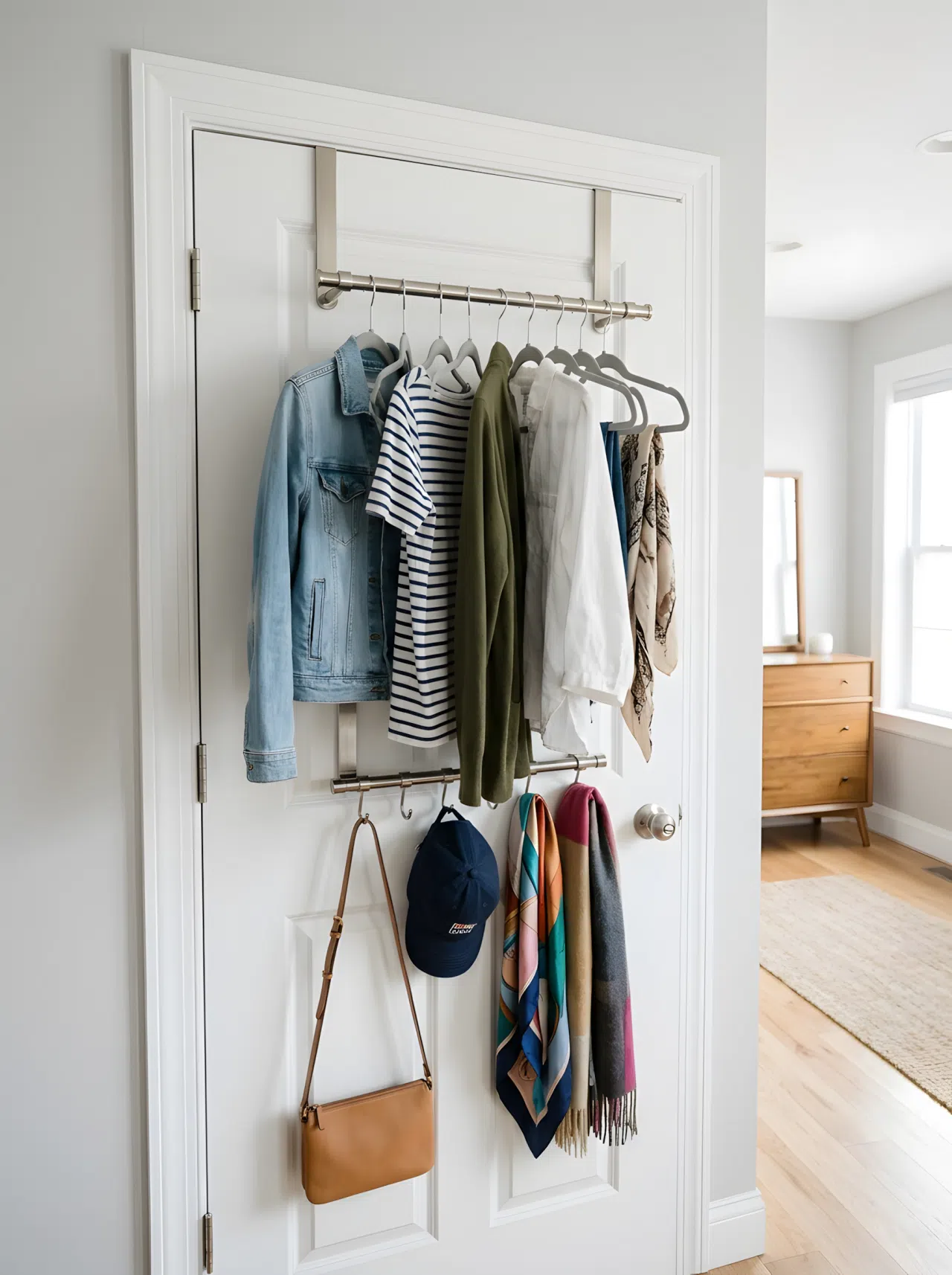 An organized over-the-door hanging system on a clean white door, featuring multiple hooks and small rods, beautifully arranged with various garments on slim hangers. Bright natural light fills the space. Clean, functional.