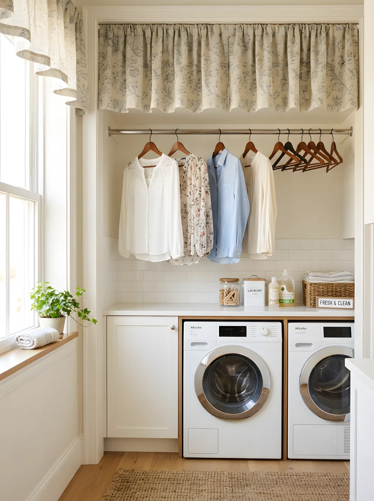 A cozy laundry alcove framed by soft, elegant patterned fabric valances. Under the valance, a hanging rod is neatly made with delicate blouses on stylish hangers. The area is organized, clean, and illuminated by bright natural light.