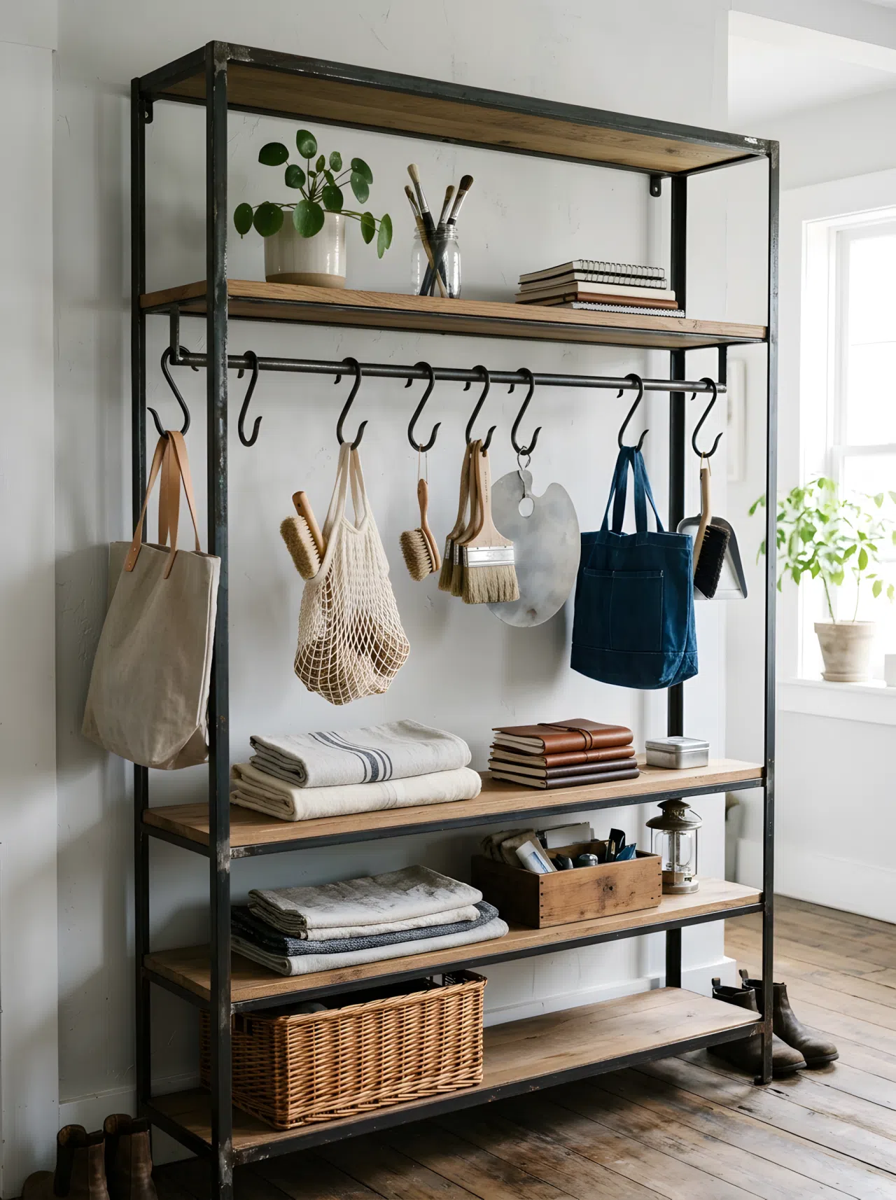 A rustic-styled open metal shelving unit. Large S-hooks are used to beautifully arrange items like canvas bags, brushes, and neatly folded items. A small hanging rod is integrated. Organized, clean, bright natural light.