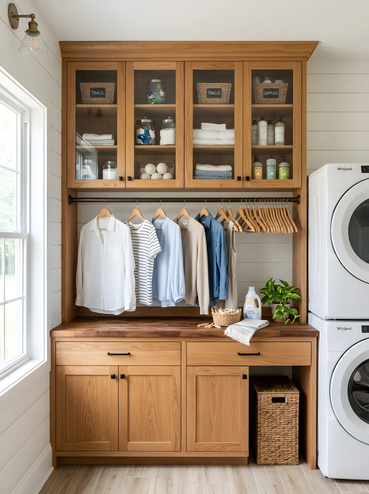 A custom-built wooden hutch dedicated to laundry. Upper cabinets feature glass doors, revealing neatly arranged items. Below, a built-in hanging rod holds clothing on matching wood hangers. Organized, clean, bright natural light.