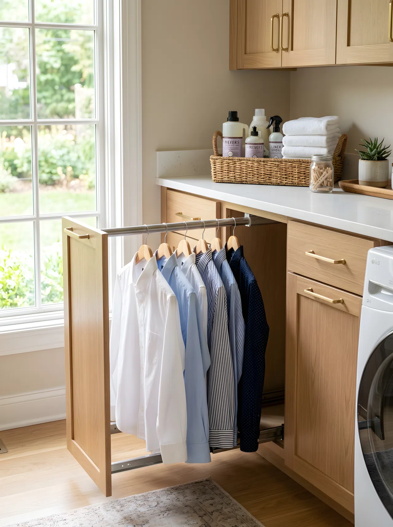 A practical pull-out hanging rod extending from custom lower cabinetry. Freshly ironed shirts are beautifully arranged on it. The counter above has organized laundry supplies. Clean, organized, bright natural light.