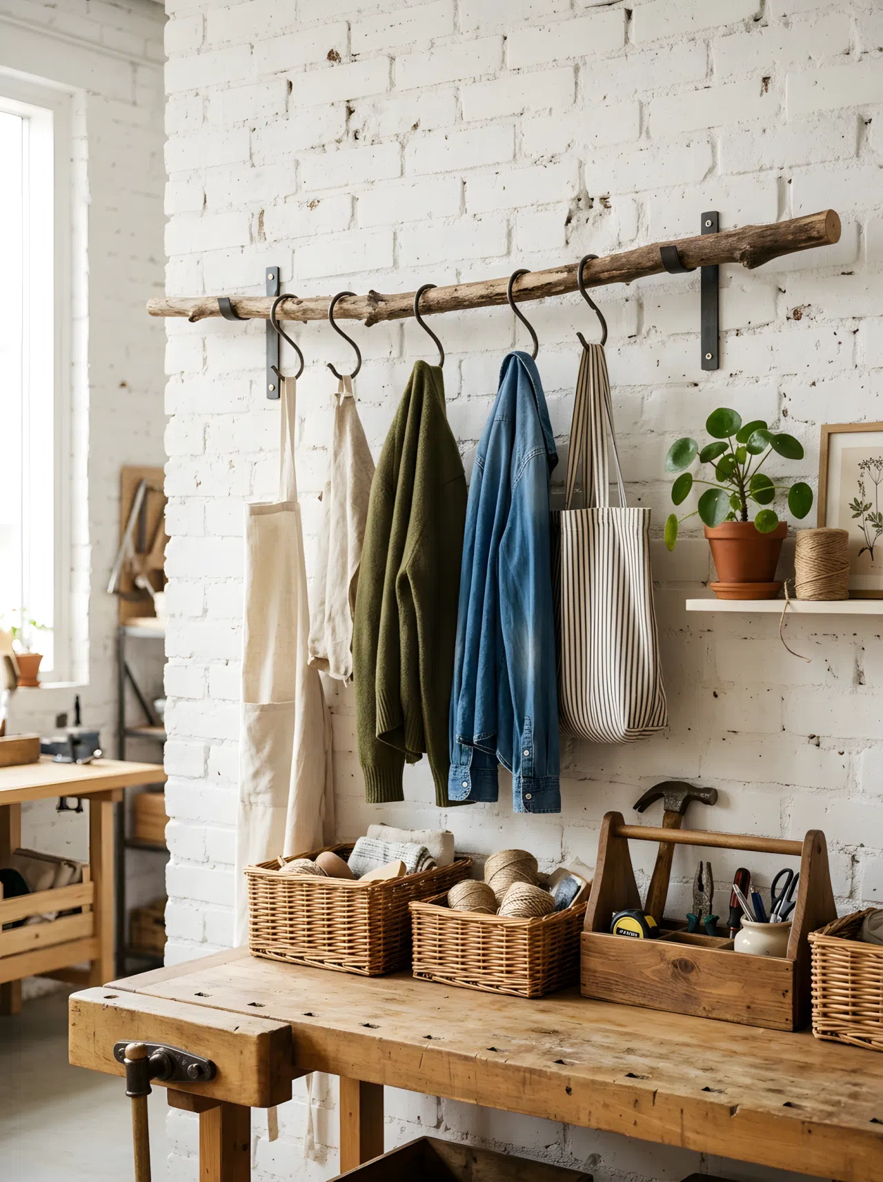 A charming, natural wood branch rod mounted on a white brick wall above a workbench. Clothes are neatly hung on unique metal hooks from the branch. Organized baskets and tools are visible. Clean, rustic-modern, bright natural light.