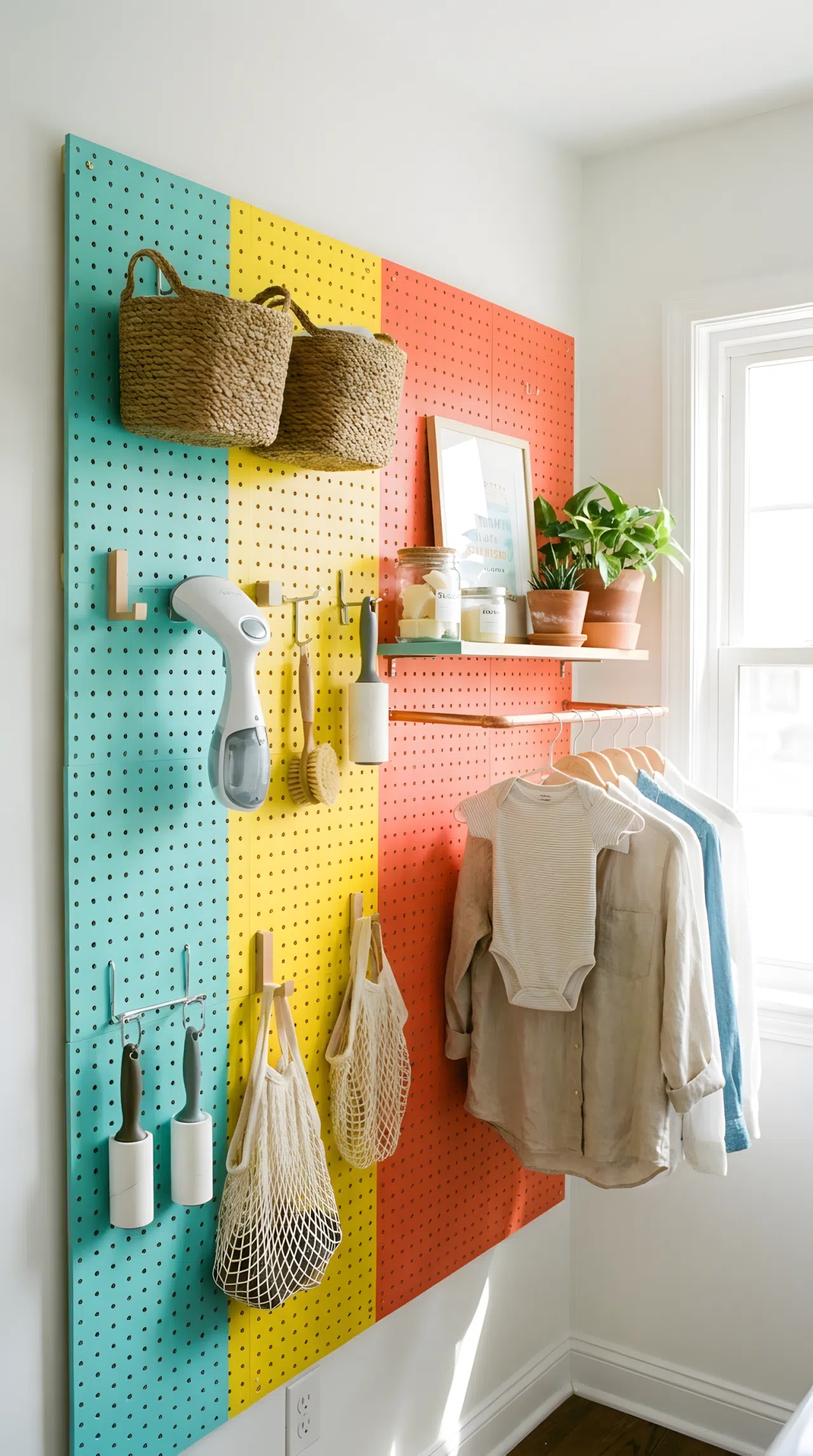 A brightly painted pegboard wall section in a laundry room, beautifully arranged with modular hooks holding a selection of tools, accessories, and a small hanging rod with neat garments. Organized, clean, vibrant, bright natural light.