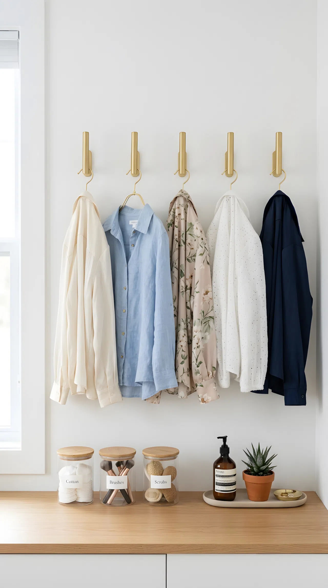 Multiple single, decorative vertical hooks installed on a clean wall above a counter, each holding one neatly made delicate blouse on a matching hanger. The counter below has organized jars. Clean, minimalist, bright natural light.