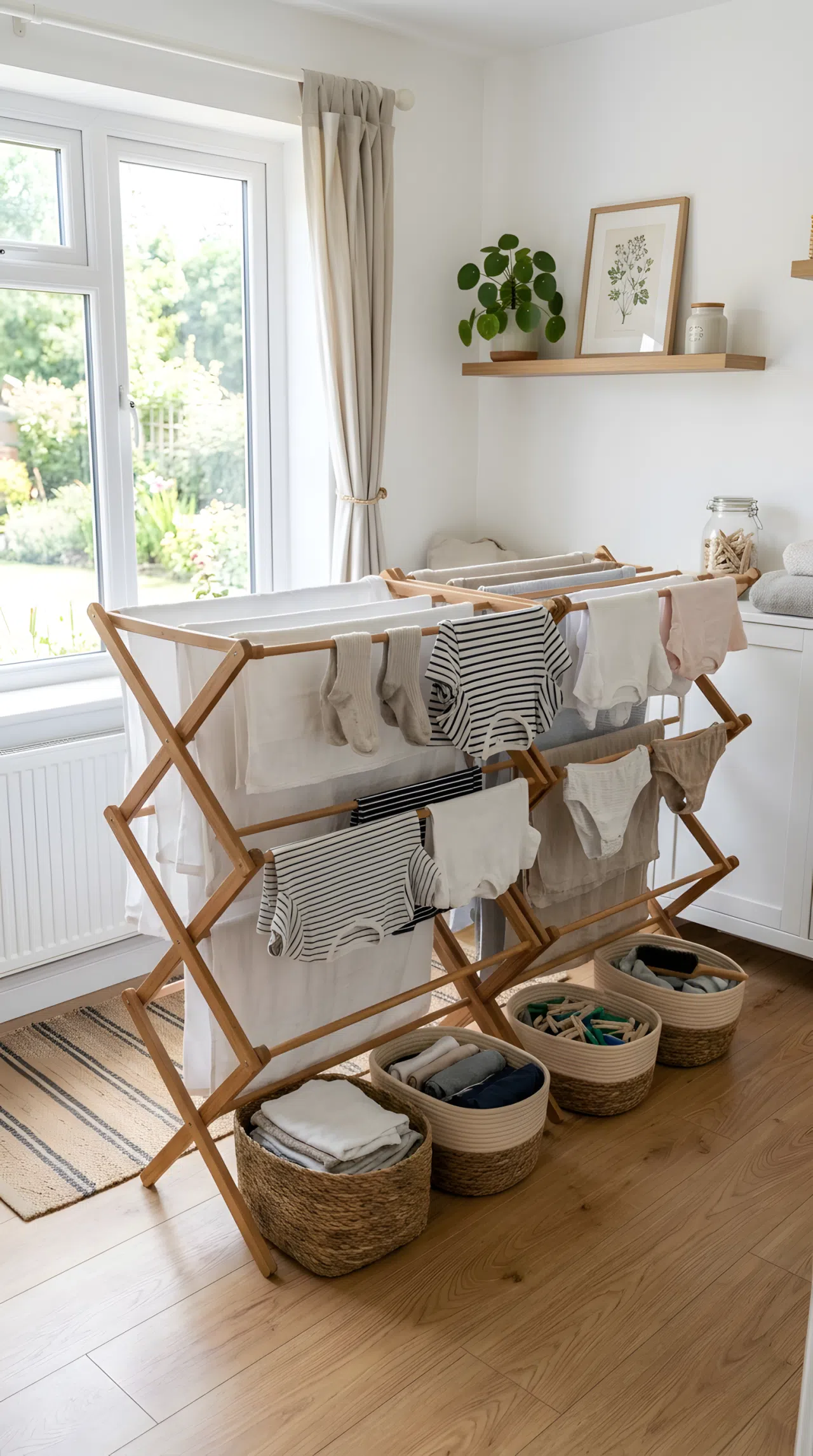 An accordion-style wooden drying rack fully extended, holding multiple neat layers of drying clothes in a clean, bright room. Baskets are organized below. Clean, beautifully arranged, bright natural light.