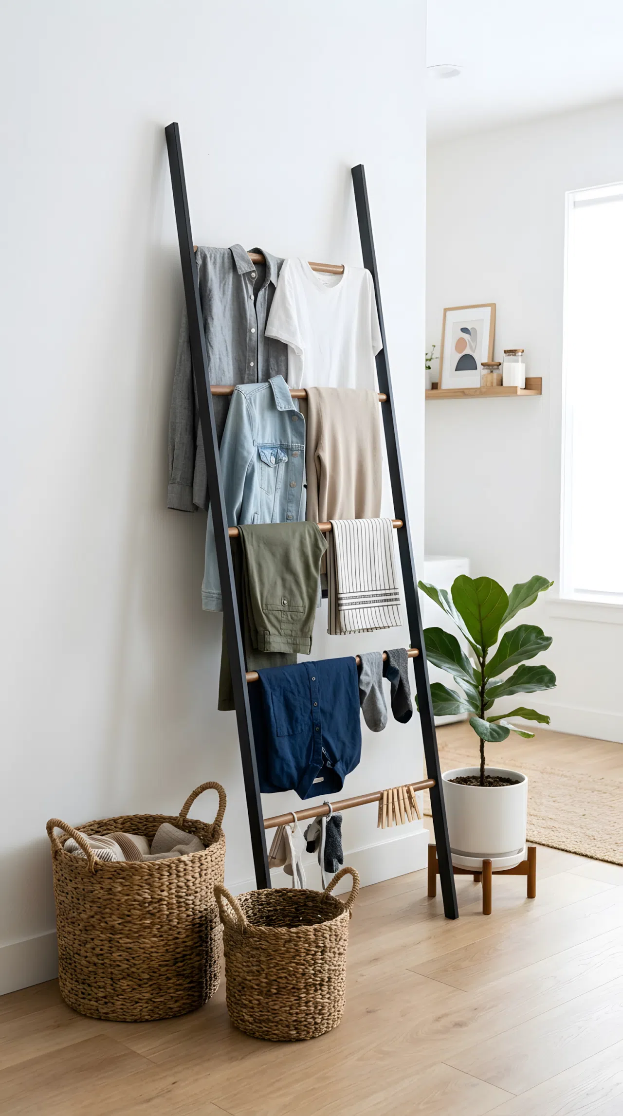 A sleek, dark metal ladder leaning against a clean white wall, with various neat clothes arranged on its rungs for drying. Nearby are woven baskets and a potted plant. Organized, modern-industrial, bright natural light.