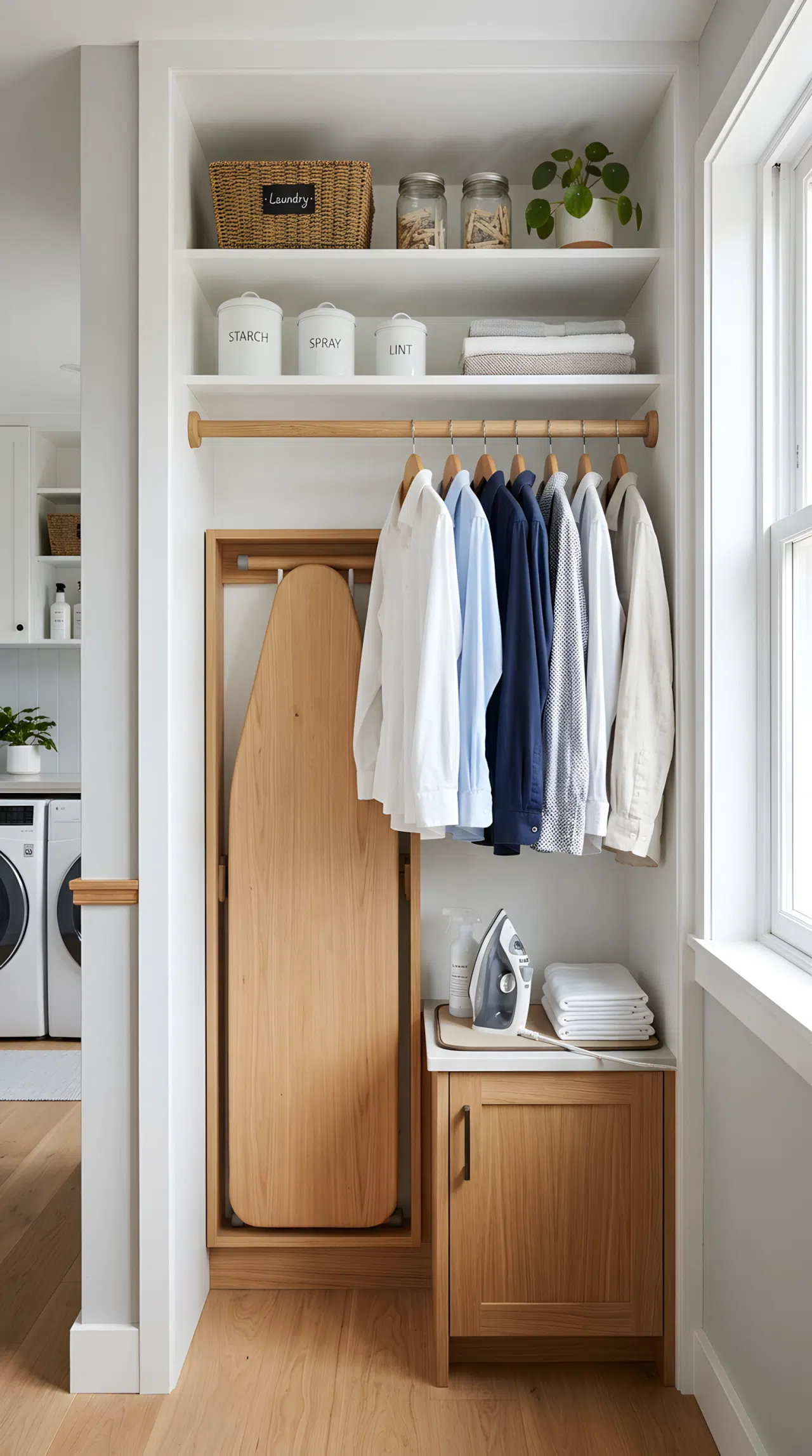 A dedicated alcove with an integrated wooden folding ironing board and a hanging rod. Ironed shirts are beautifully arranged on the rod. Shelves with neatly organized supplies are above. Clean, functional, bright natural light.