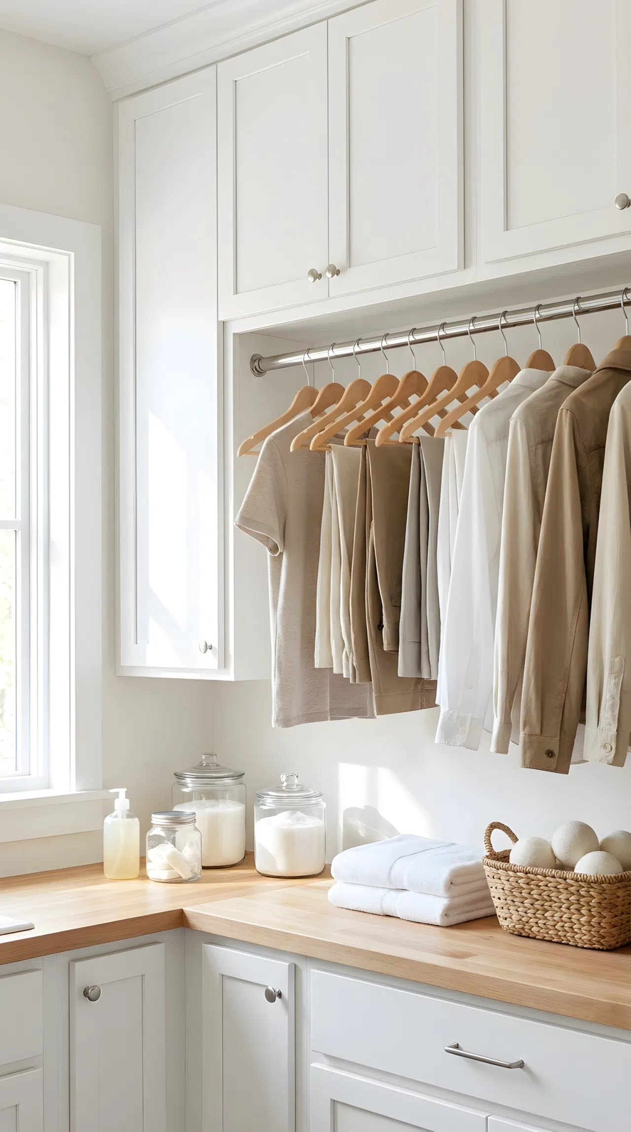 White cabinets with a rod neatly made underneath, holding casual clothes on simple hangers above a clean counter with organized laundry products. Organized, clean, bright natural light.