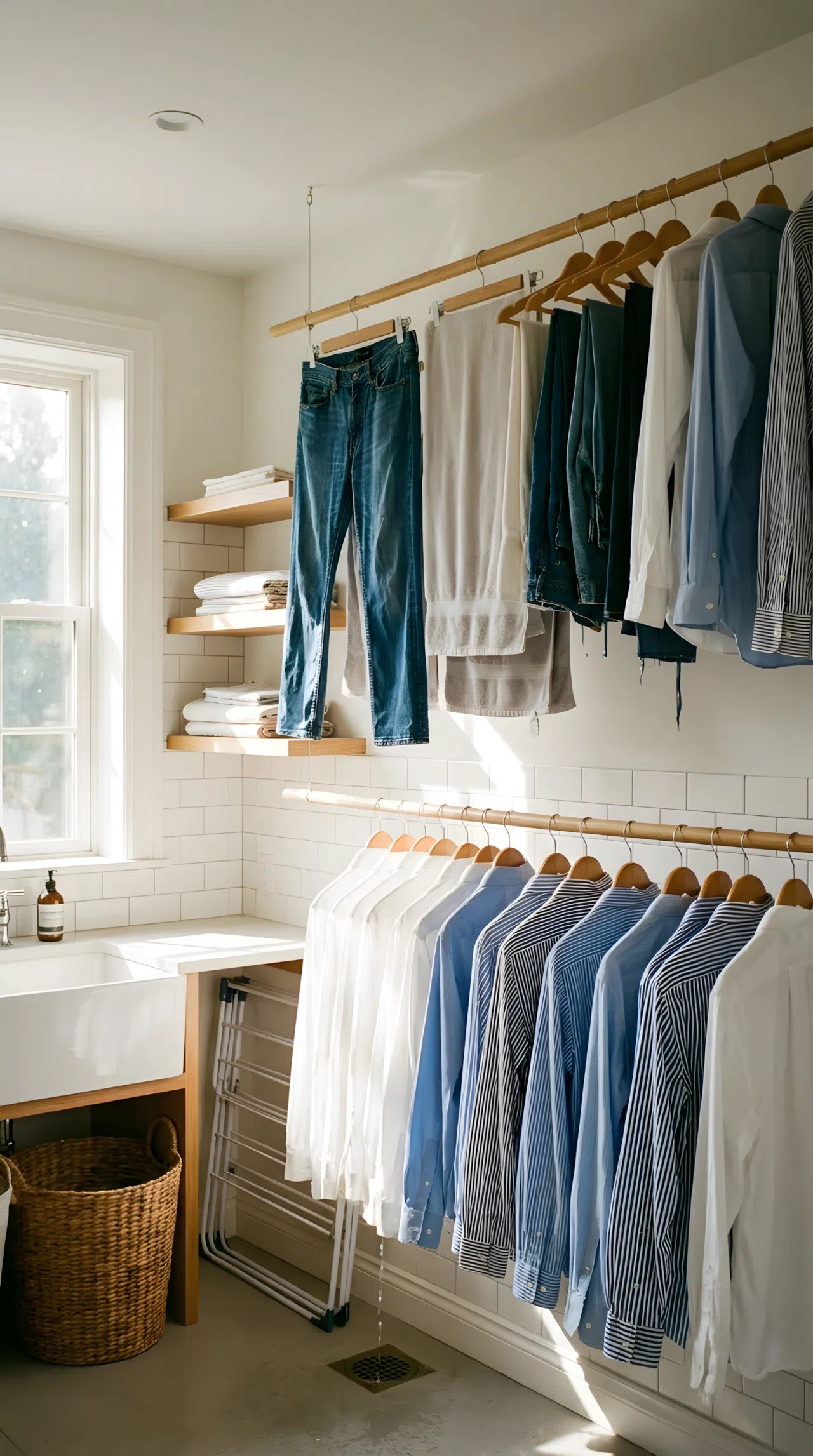 Two parallel hanging rods at different heights in a bright, clean utility room. Higher rod holds wet clothes to dry, lower rod has freshly ironed shirts, beautifully arranged on matching hangers. Organized, functional, bright natural light.