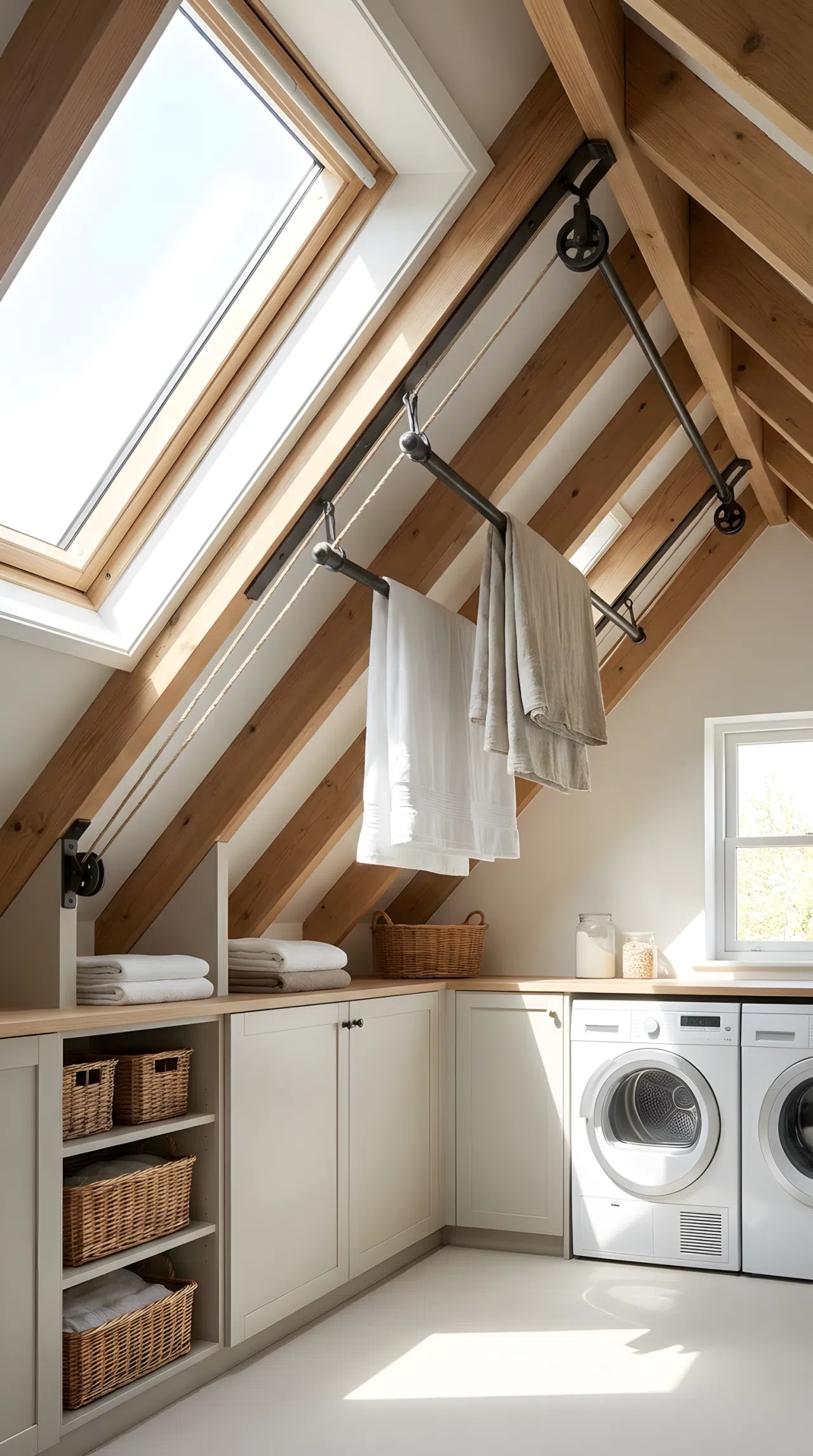 A custom-fitted pulley rod integrated into the pitch of a clean, brightly lit attic laundry space. Neat linens are beautifully arranged along the rod. Organized storage is under the slope. Clean, unique, bright natural light.