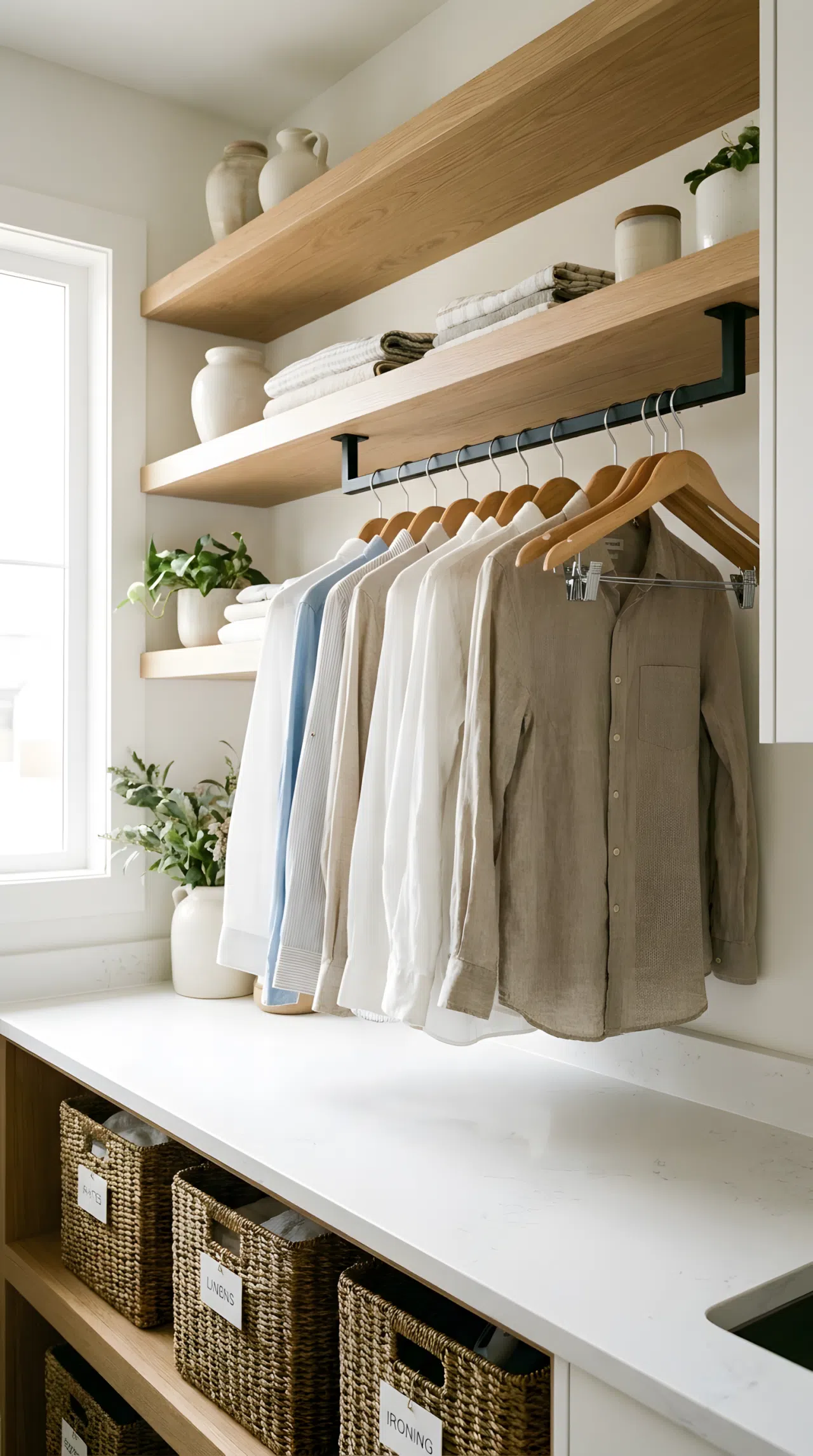 Open floating shelves above a white countertop, with an integrated under-mounted hanging rod holding neatly arranged shirts on modern hangers. Below are organized baskets. Clean, bright natural light.
