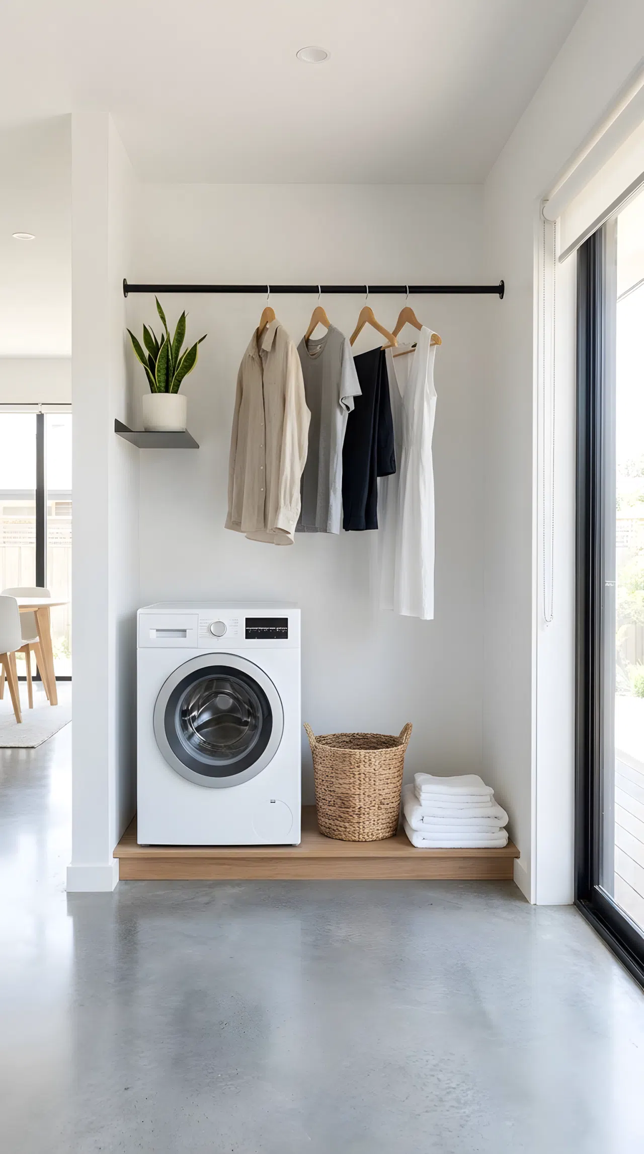 A minimalist laundry setup in an open-concept space, with a simple, sleek floating rod holding a few beautifully arranged essential garments on slim hangers above a minimalist washing machine. Organized, clean, modern, bright natural light.