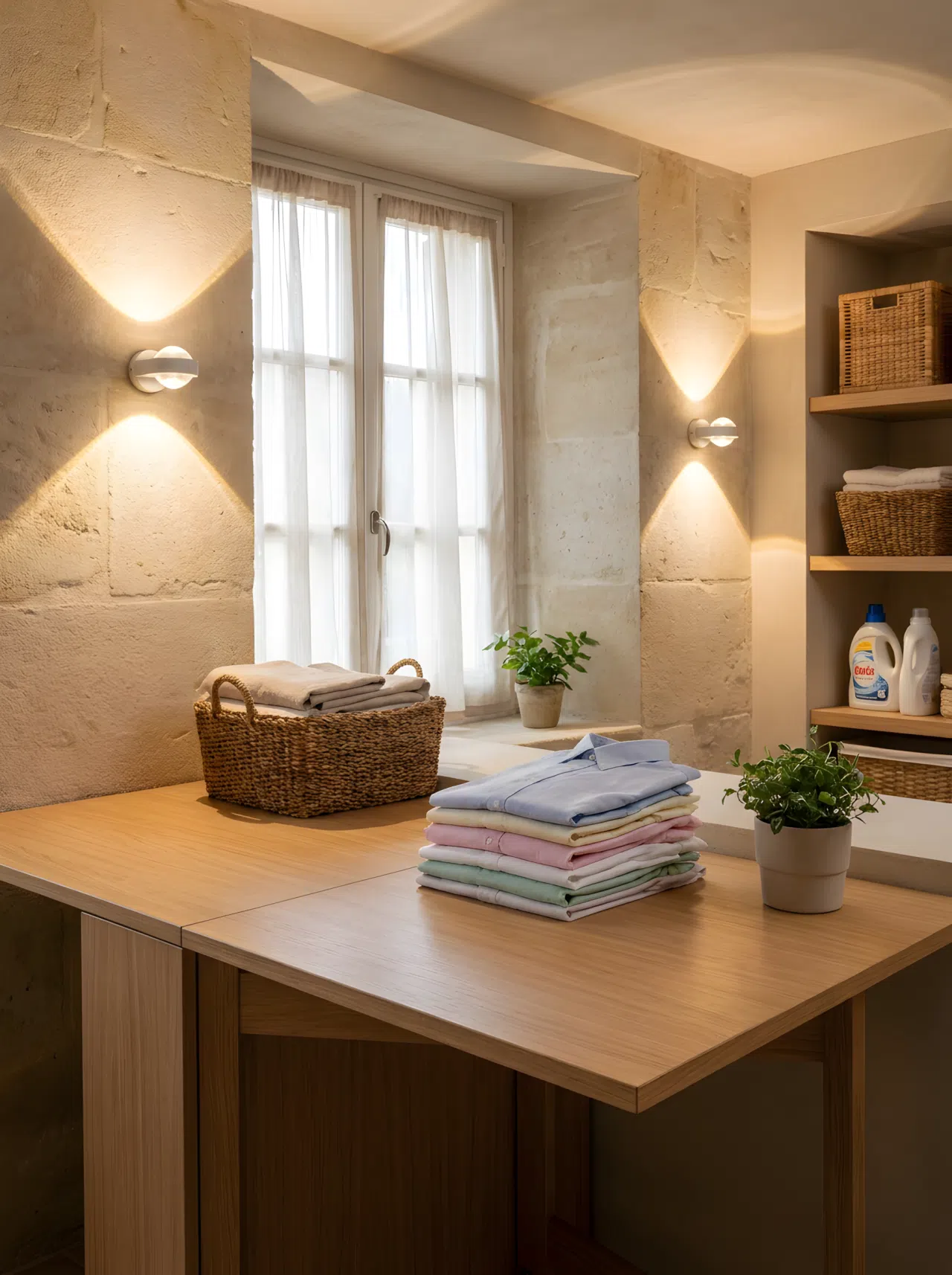 Real-life photography of a laundry folding table lit from two opposite angles by small wall sconces, cross lighting eliminating shadow lines across the surface, table neatly made and beautifully arranged with folded shirts, organized clean workspace, realistic candid home photography.
