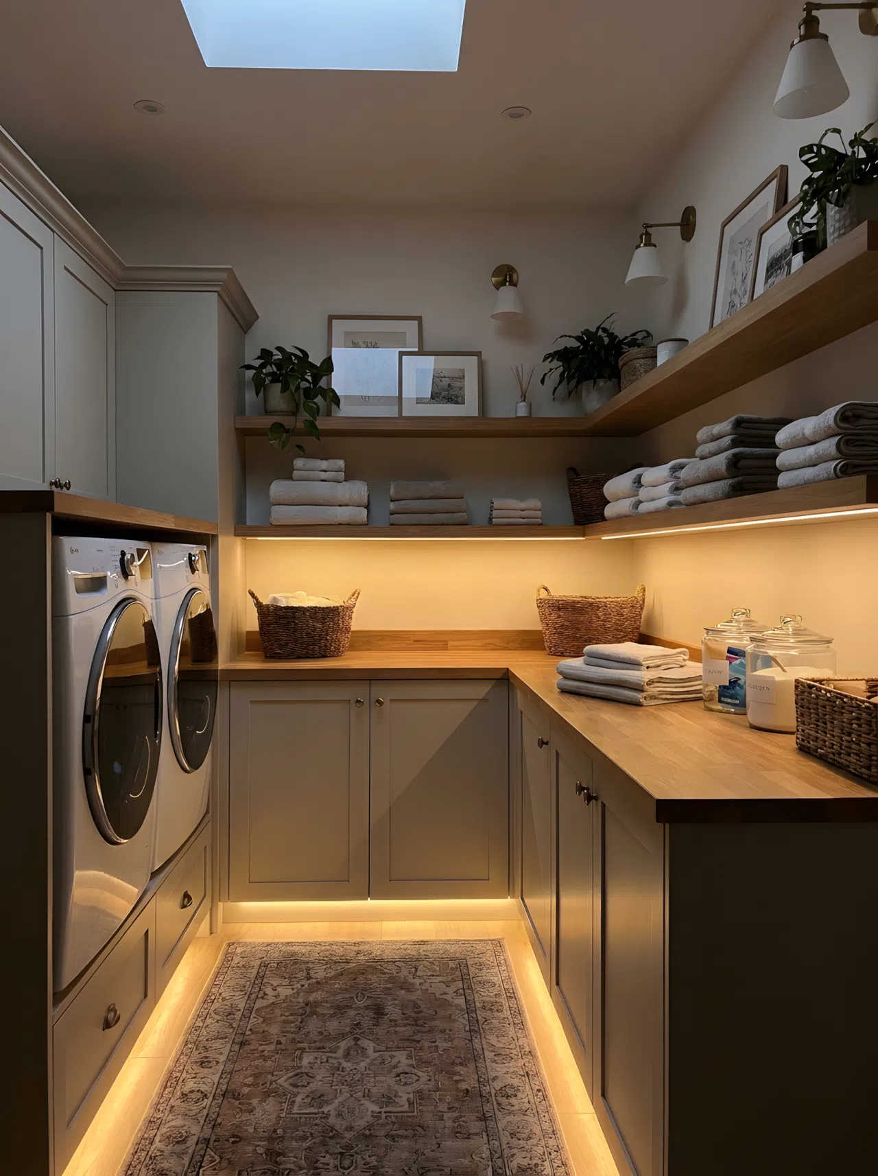Real-life photography of a laundry room with three distinct levels of light, a soft toe kick glow at floor level, task lighting at counter height, and a gentle ambient ceiling glow above, shelves neatly made and beautifully arranged, organized clean space, realistic home photography.