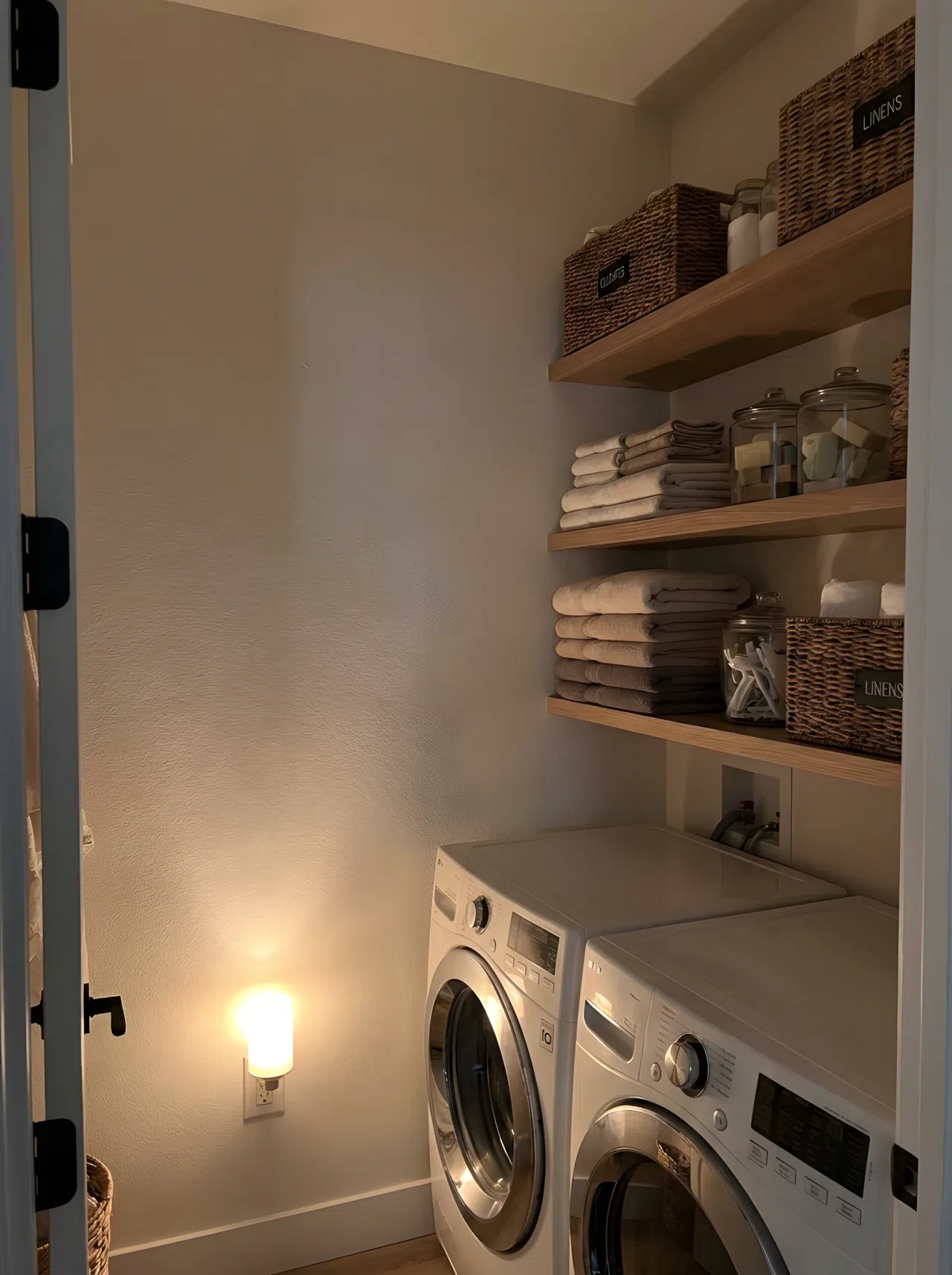 Real-life photography of a narrow laundry closet with light washing softly up a wall from a low fixture, visually raising the low ceiling, shelves neatly made and beautifully arranged, organized clean storage, realistic home photography.