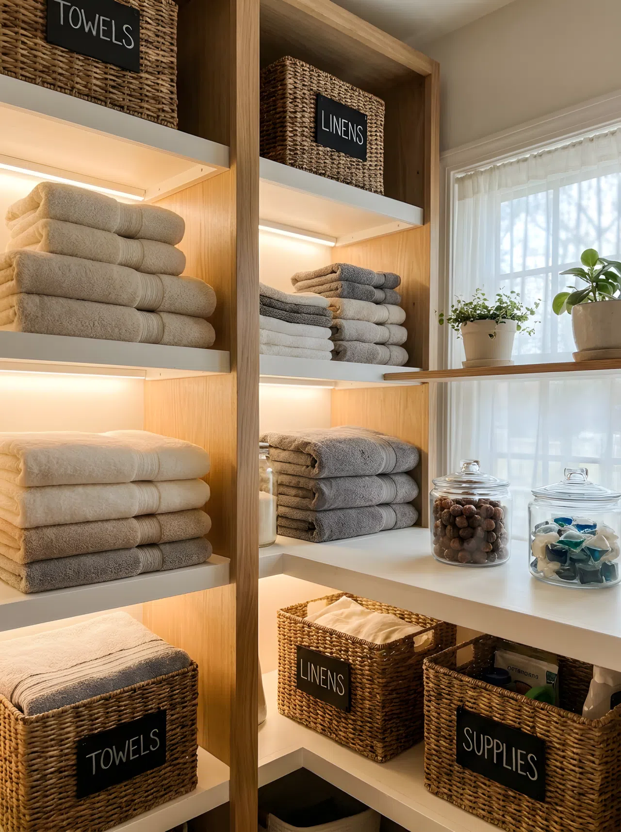 Real-life photography of open laundry shelves backlit from behind so folded towels and labeled bins glow like a boutique display, shelves neatly made and beautifully arranged, organized clean styling, realistic home photography.