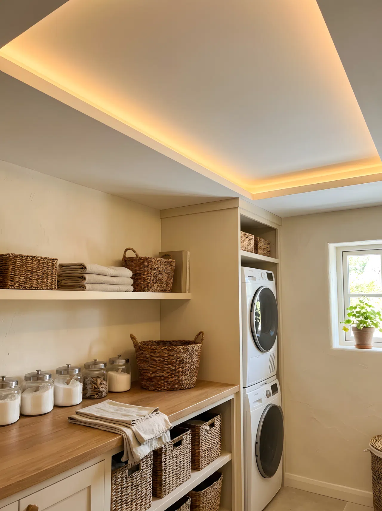 Real-life photography of a laundry room with a hidden light strip recessed into a ceiling cove around the room perimeter, casting a soft upward and outward glow, surfaces neatly made and beautifully arranged, organized clean space, realistic home photography.