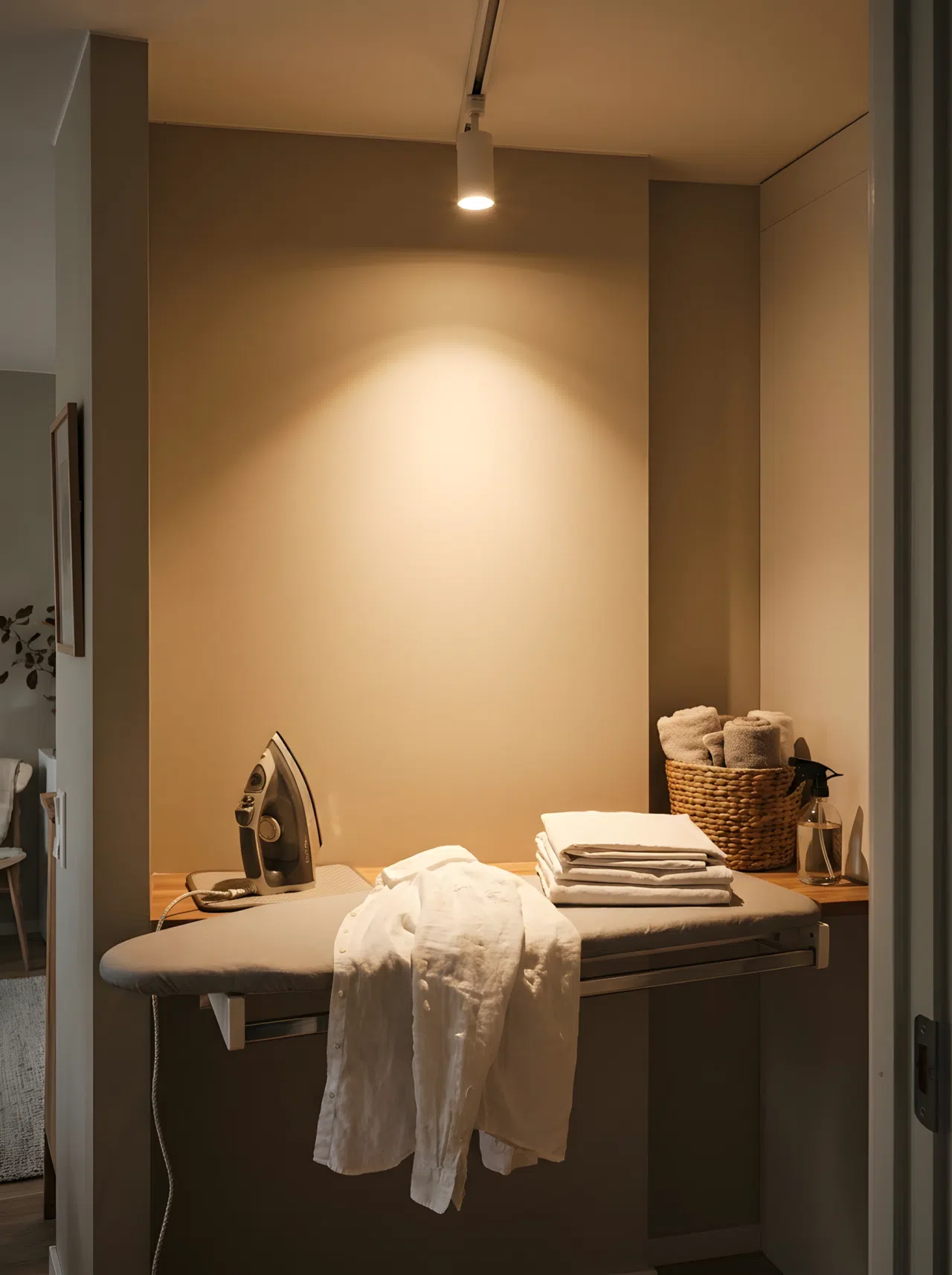 Real-life photography of a focused spotlight aimed directly above a fold-down ironing station, illuminating creases and wrinkles clearly, linens neatly made and beautifully arranged, organized clean ironing setup, realistic home photography.
