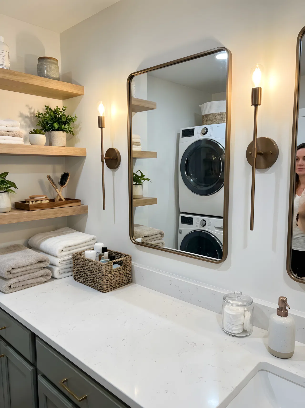 Real-life photography of two narrow sconces mounted at eye level on either side of a laundry room mirror, lighting the face evenly from the sides, counter neatly made and beautifully arranged, organized clean grooming nook, realistic home photography.