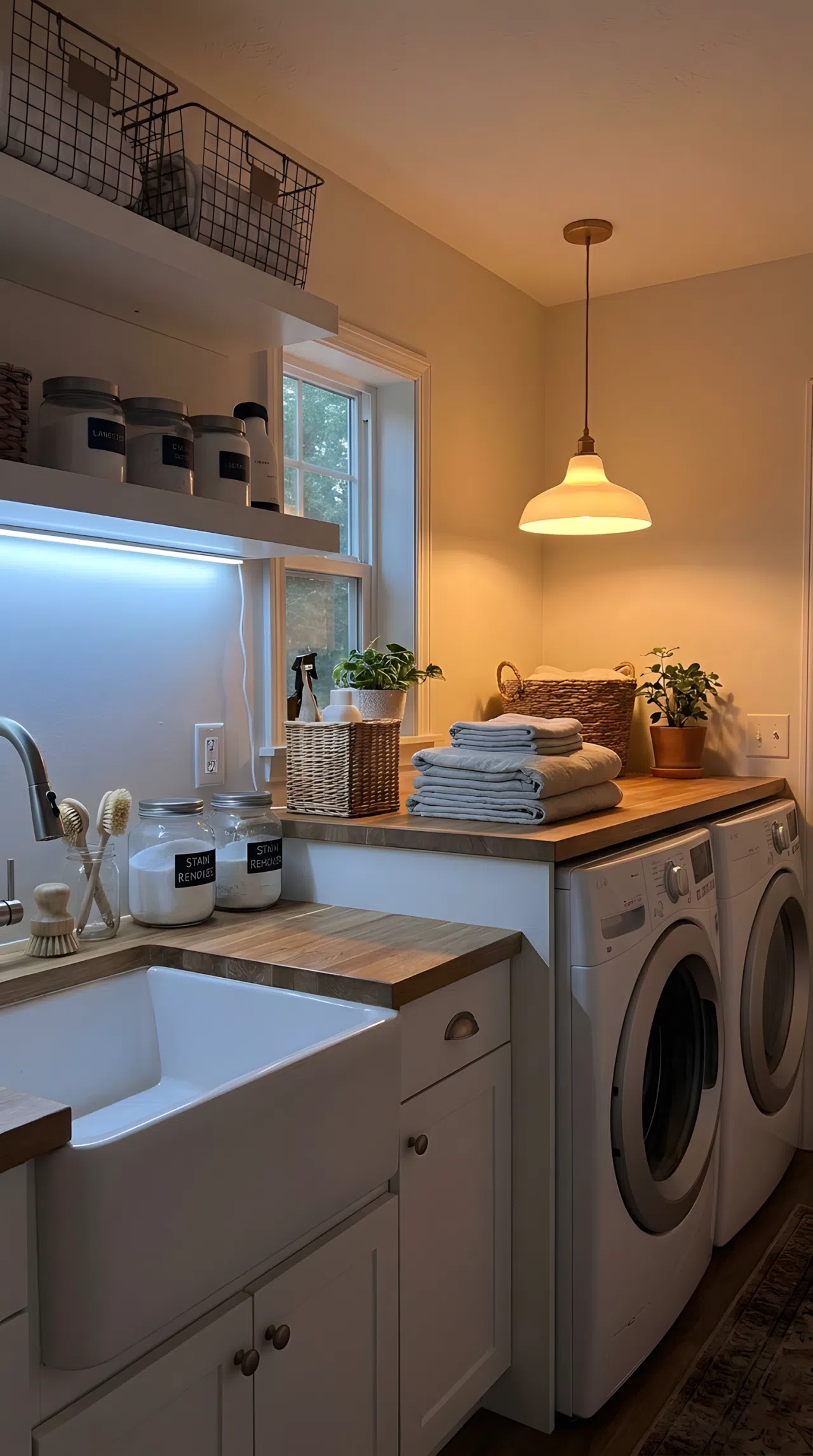 Real-life photography of a laundry room with cooler toned light positioned over the sink and stain treating area and warmer toned light over the folding zone, surfaces neatly made and beautifully arranged, organized clean styling, realistic home photography.